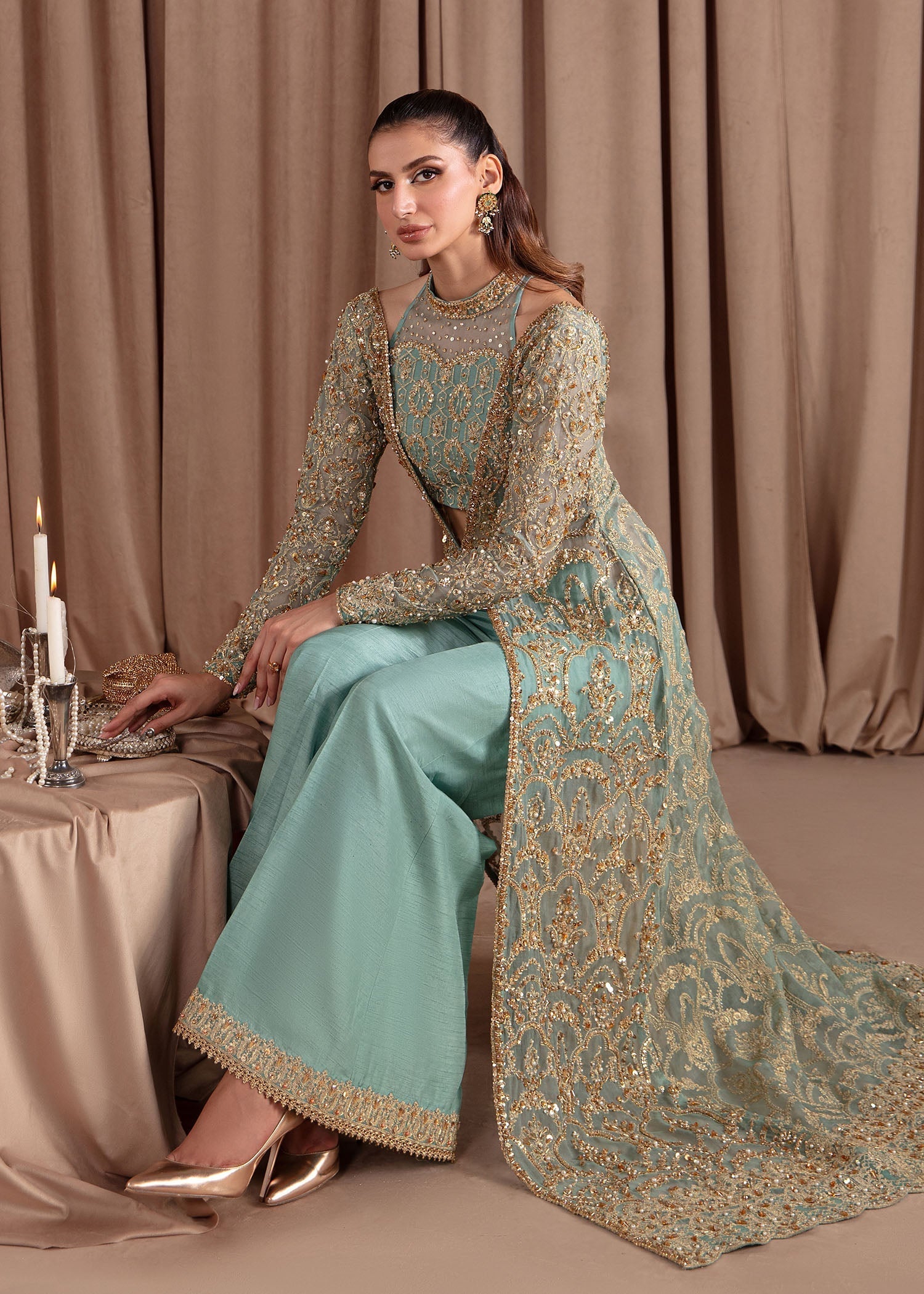 Kanwal Malik Sky Blue front-open gown with flared pants for Luxury Wedding wear - Pakistani Designer Wear for Women in UK | Kifat