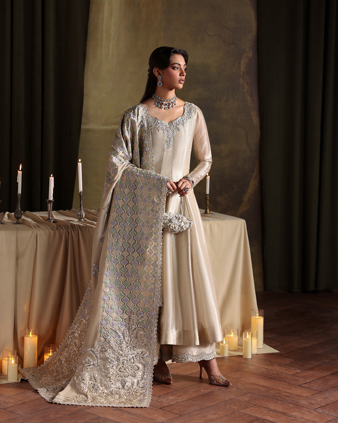 Model Wearing Faiza Saqlain Joella Ivory Gold Kalidaar for wedding wear - Pakistani Designer Wear for Women in UK | Kifat