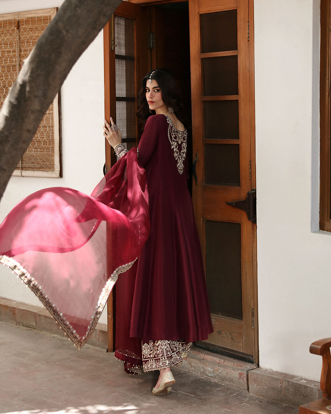 Model Wearing Faiza Saqlain Norine Maroon Shirt with Culottes for formal events wear - Pakistani Designer Wear for Women in UK | Kifat
