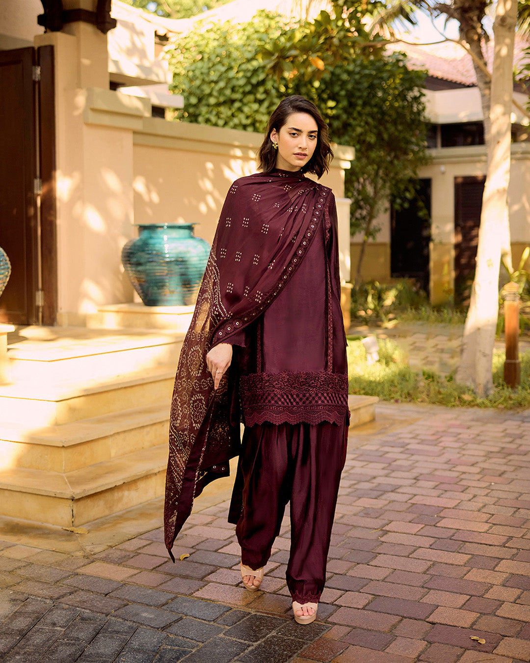 Model Wearing Faiza Saqlain Triana Dark Maroon Shirt with Shalwar for Ladies wear - Pakistani Designer Wear for Women in UK | Kifat