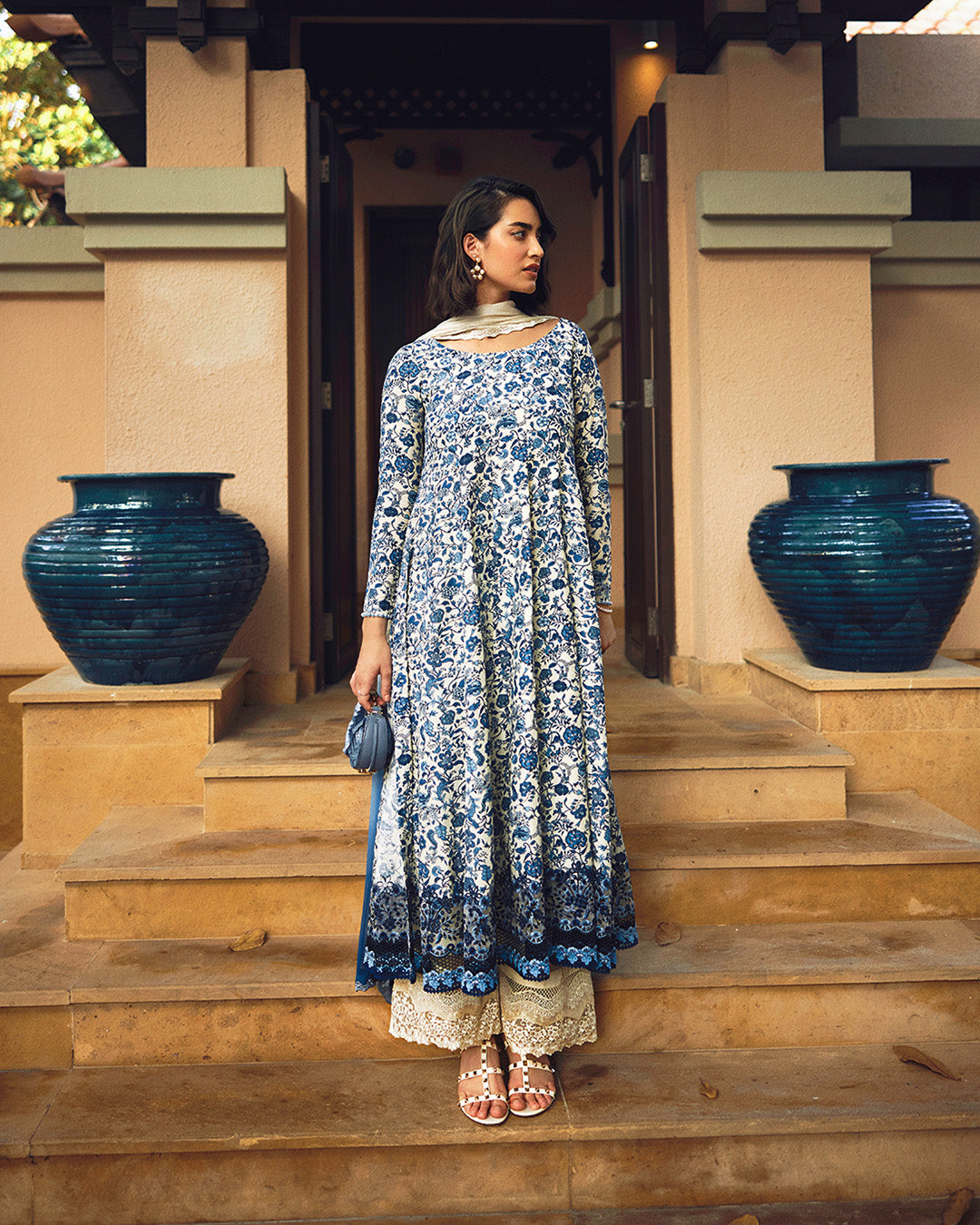 Model Wearing Faiza Saqlain Terylin Off-White & Blue Kalidaar with Culottes for Ladies wear - Pakistani Designer Wear for Women in UK | Kifat