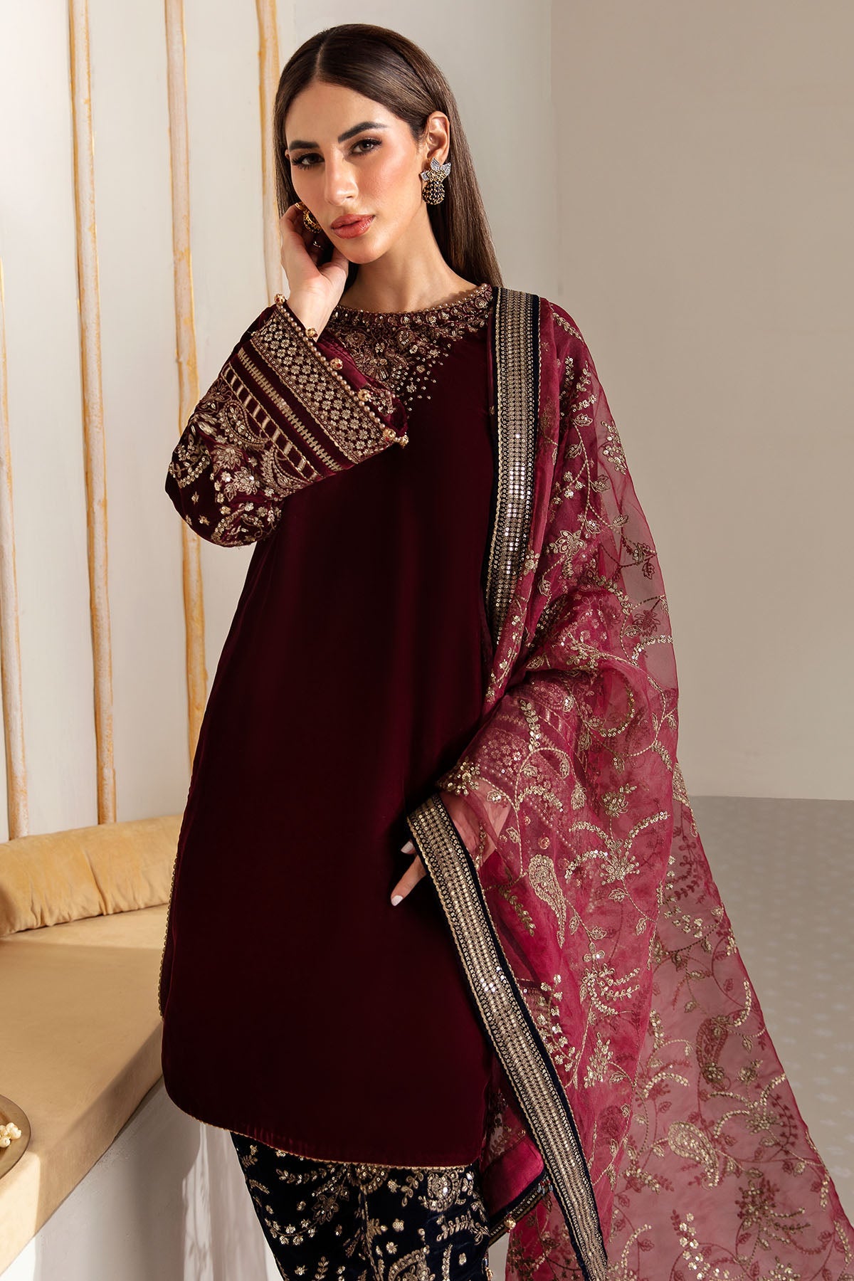 Women Wearing Embroidered Velvet Formal VF-2017 Maroon Short Shirt for Wedding Events - Pakistani Designer Wear for Women in UK | Kifat