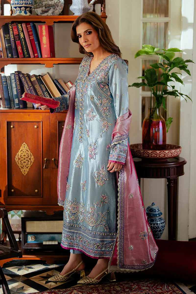 Women Wearing Neelam Blue Long Shirt for Formal Events - Pakistani Designer Wear for Women in UK | Kifat