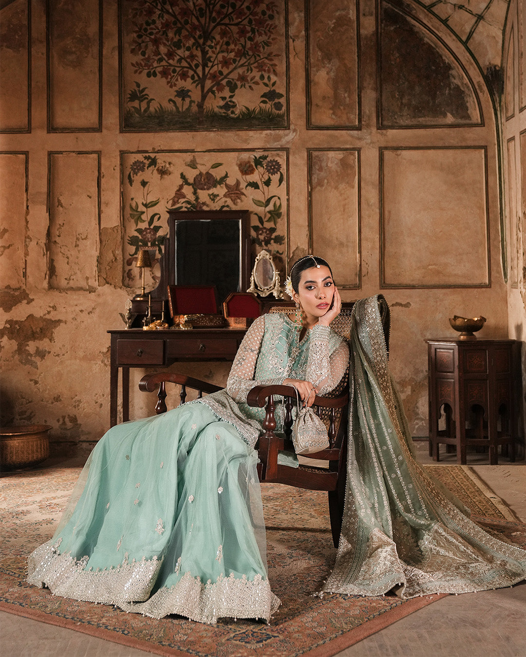 Model Wearing Faiza Saqlain Valari Pastel Blue Shirt with Sharara for wedding wear - Pakistani Designer Wear for Women in UK | Kifat