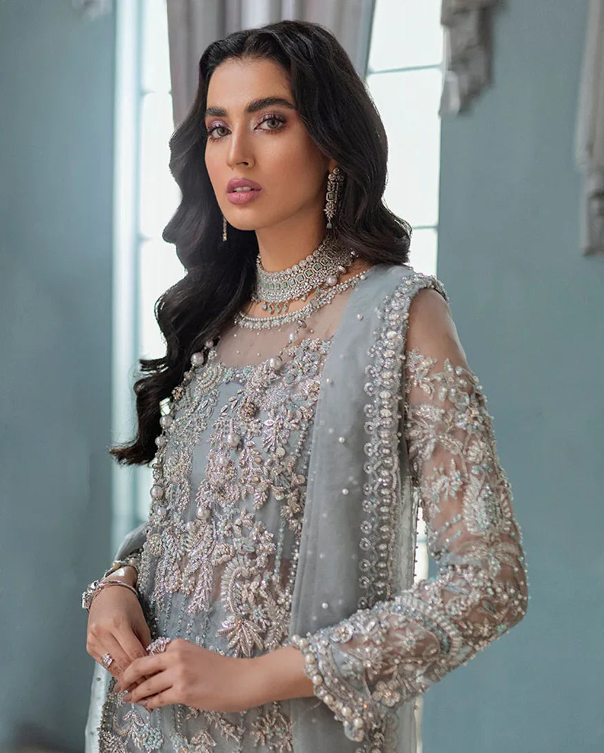 Women Wearing Adela (3 Piece) Ice Blue Long Shirt for Formal Events - Pakistani Designer Wear for Women in UK | Kifat