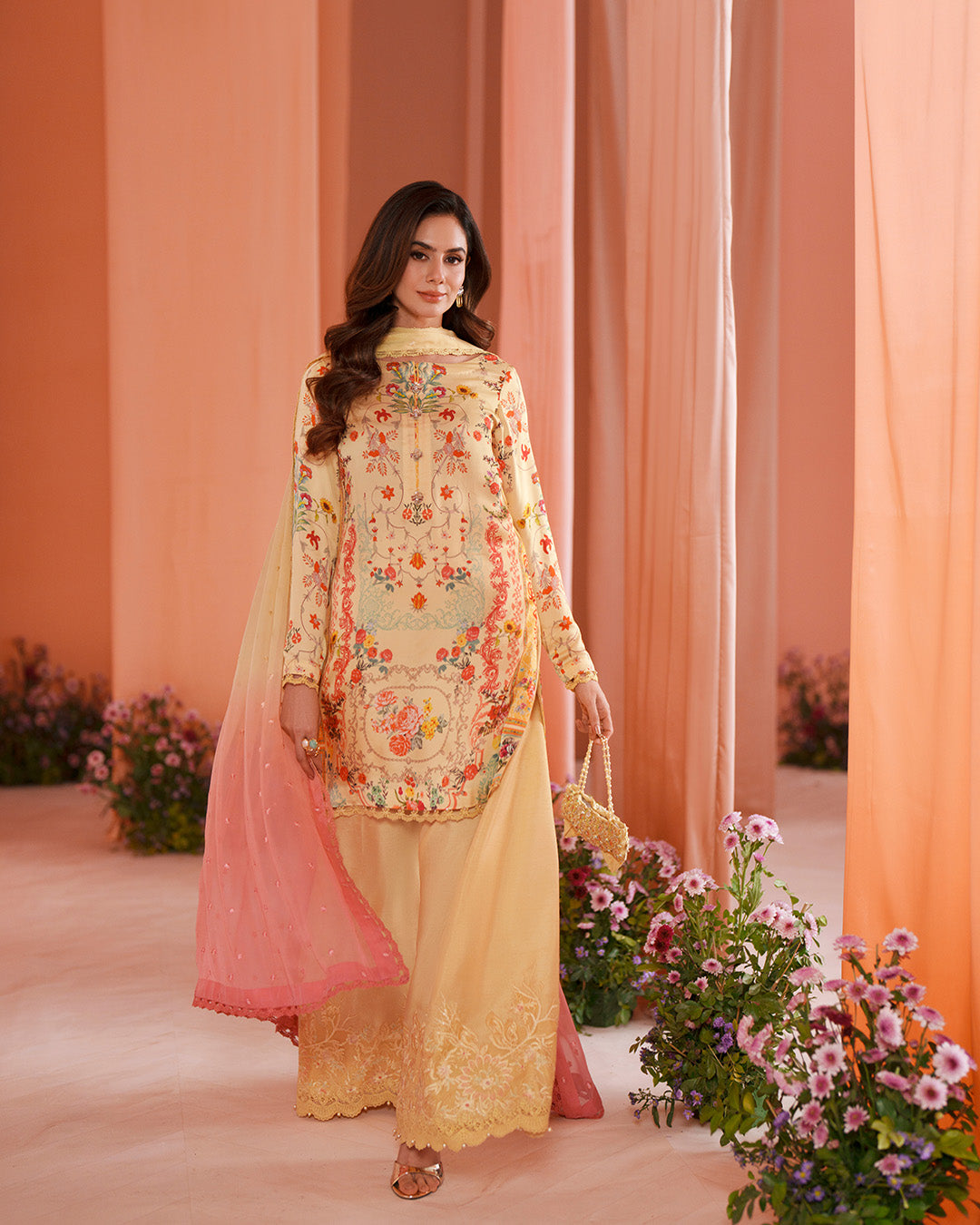 Women Wearing Resal Yellow Shirt with Flared Pants for Luxury Events - Pakistani Designer Wear for Women in UK | Kifat