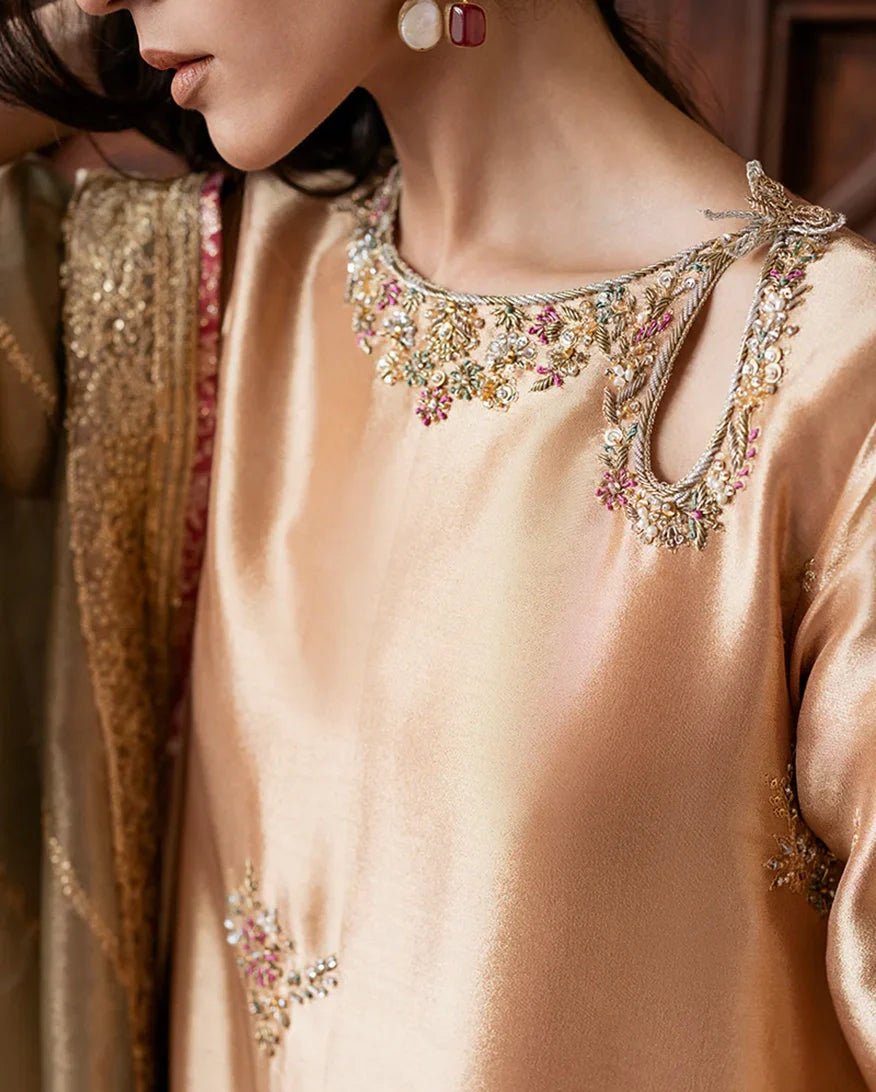 Women Wearing Parisa Peach Gold Long Shirt for Formal Events - Pakistani Designer Wear for Women in UK | Kifat