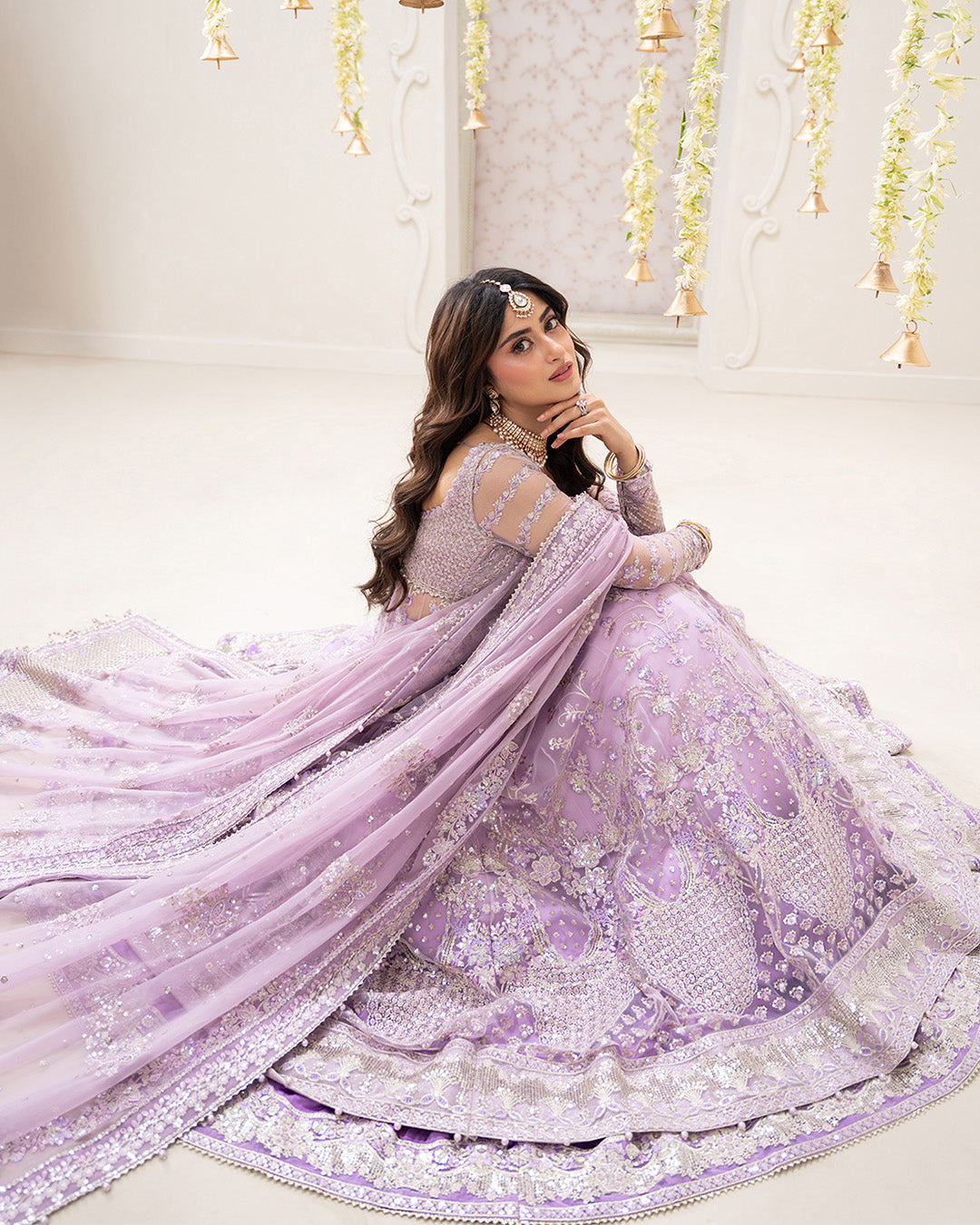Model Wearing Faiza Saqlain Pinar Lilac Jacket Shirt with Lehnga for wedding wear - Pakistani Designer Wear for Women in UK | Kifat
