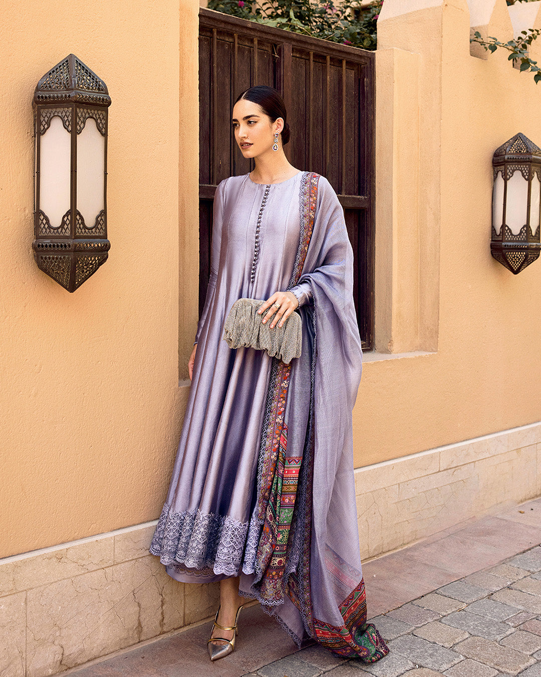 Model Wearing Faiza Saqlain Mersera Mauve Grey Kalidaar with Culottes for Ladies wear - Pakistani Designer Wear for Women in UK | Kifat