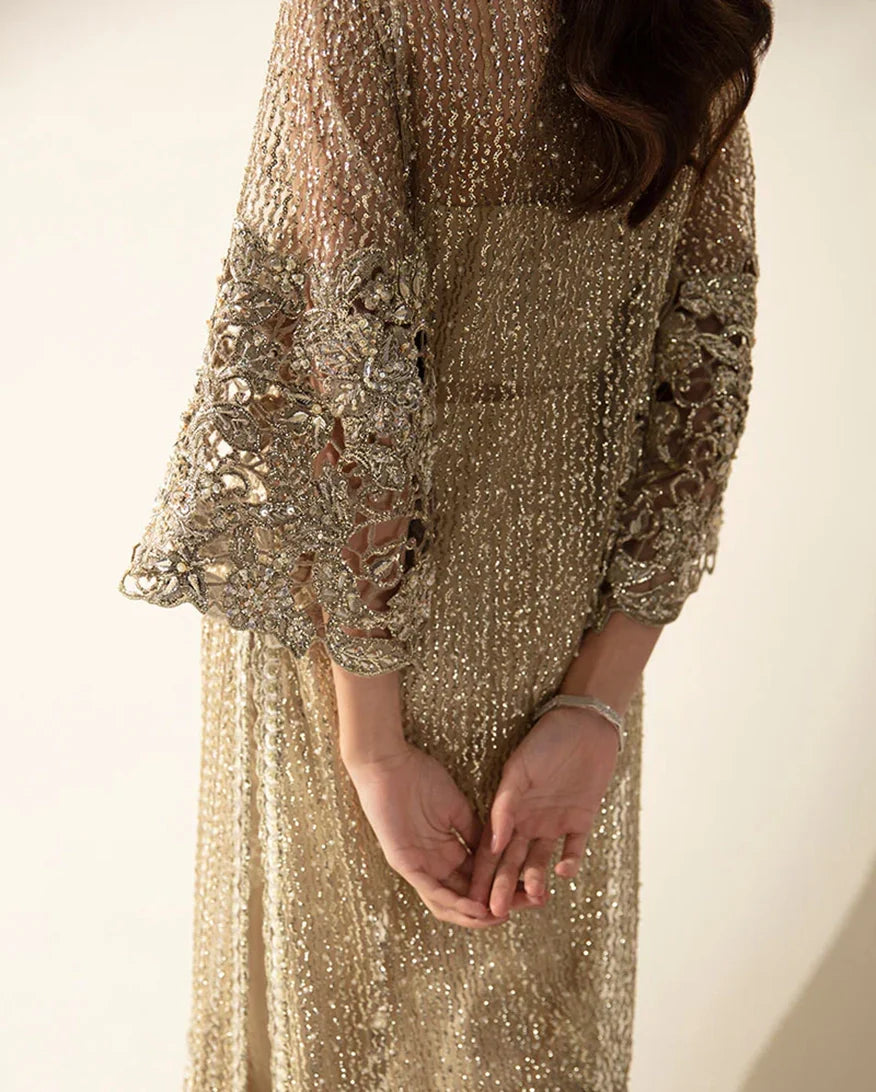 Women Wearing Eve Pale Gold Long Shirt for Festive Events - Pakistani Designer Wear for Women in UK | Kifat