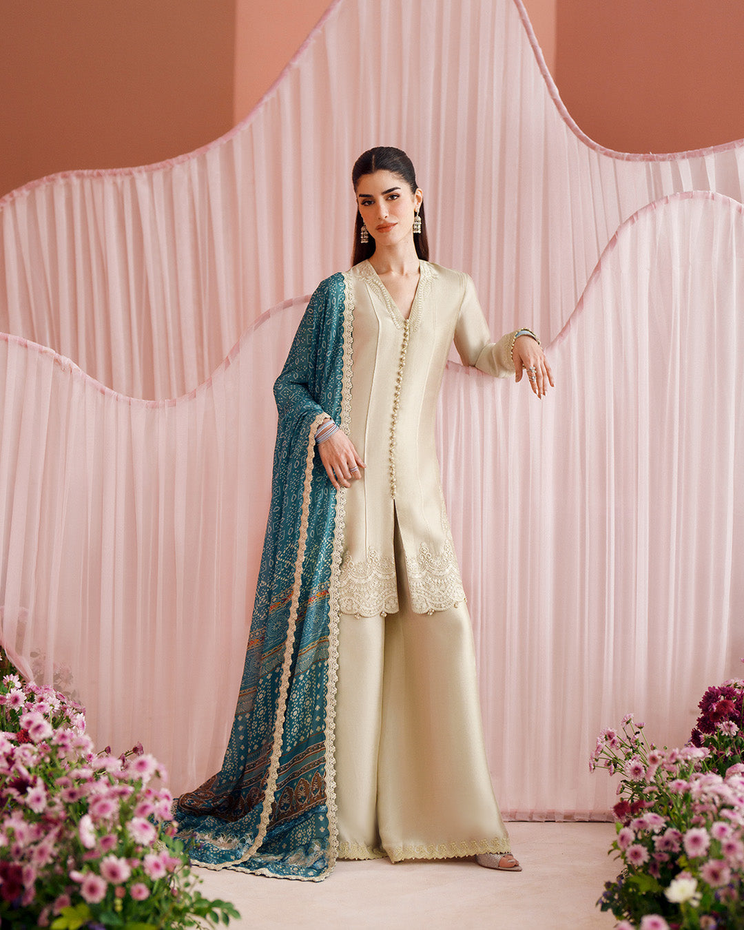 Women Wearing Rimaas Warm Ivory and Teal Shirt with Flared Pants for Luxury Events - Pakistani Designer Wear for Women in UK | Kifat