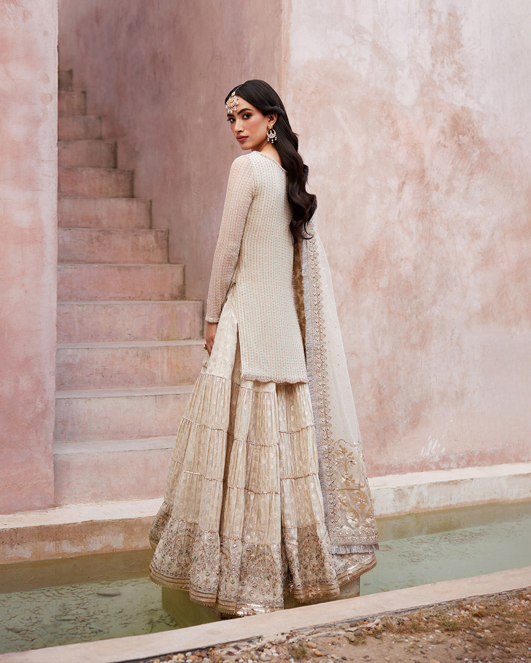 Model Wearing Faiza Saqlain Kaia Off-White Shirt with Gharara for wedding wear - Pakistani Designer Wear for Women in UK | Kifat