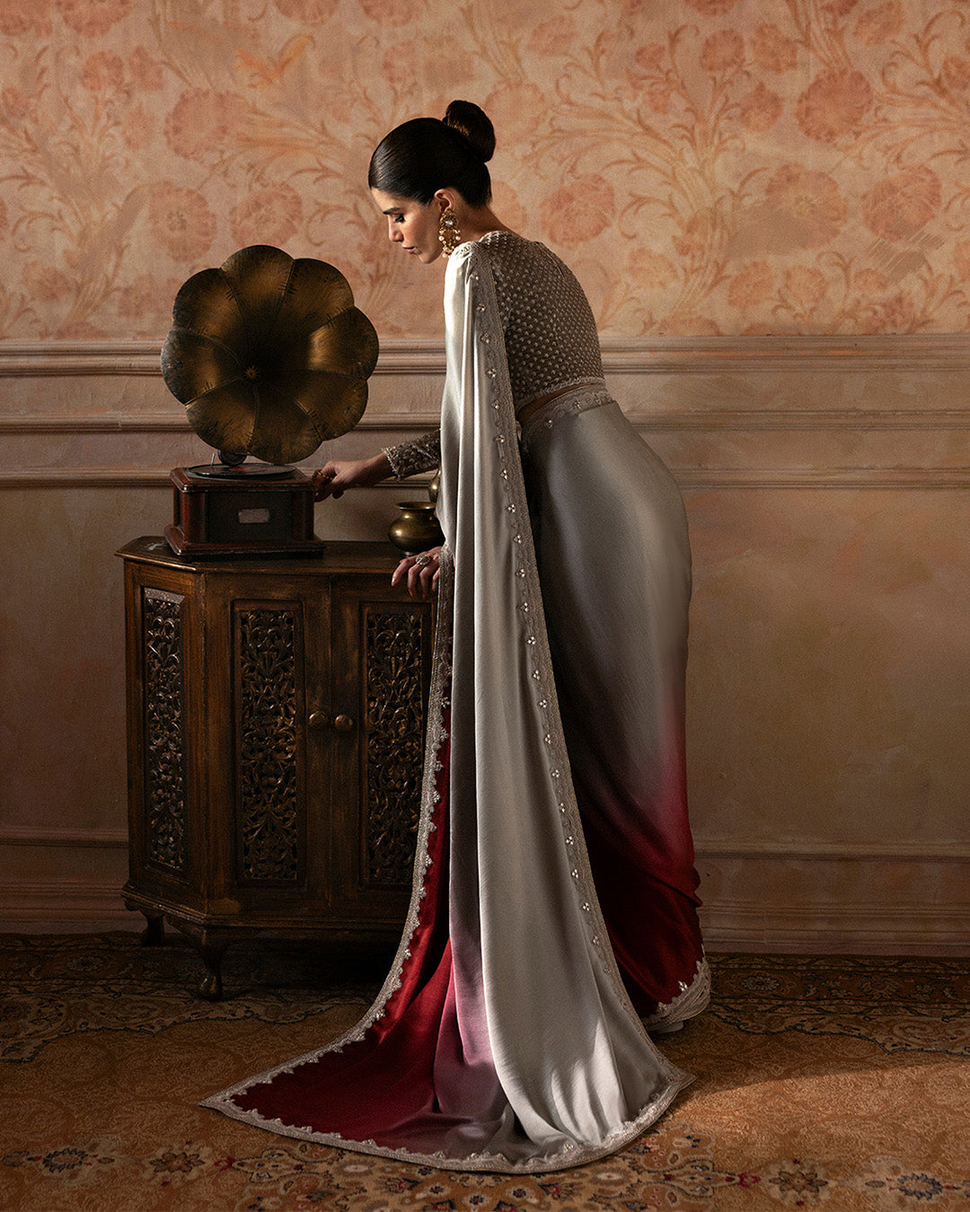 Model Wearing Faiza Saqlain Caryn Ombre Red Saree for wedding wear - Pakistani Designer Wear for Women in UK | Kifat