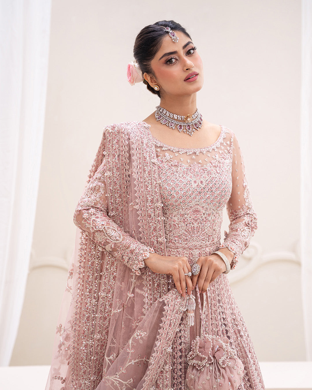 Model Wearing Faiza Saqlain Leyan Dusty Pink Shirt with Lehnga for wedding wear - Pakistani Designer Wear for Women in UK | Kifat