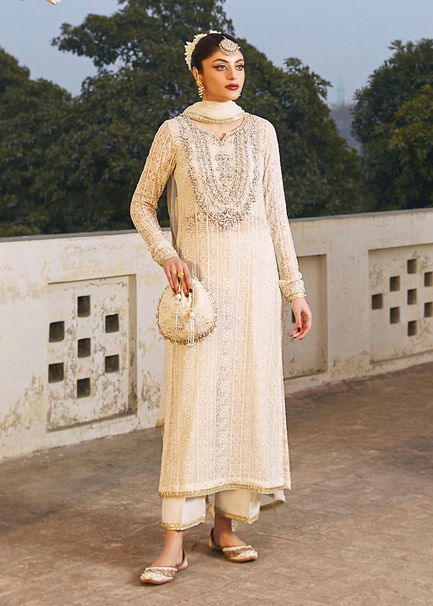 Kanwal Malik White Long Shirt with trouser for Luxury Wedding wear - Pakistani Designer Wear for Women in UK | Kifat