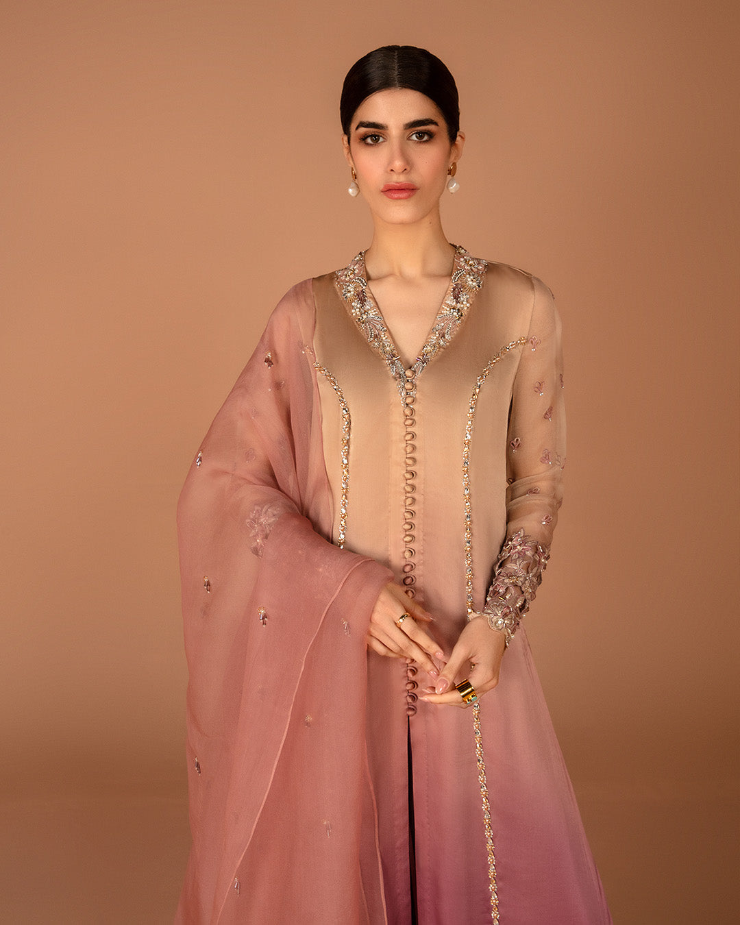 Model Wearing Faiza Saqlain Eshe Ombre Shirt with Culottes for formal events wear - Pakistani Designer Wear for Women in UK | Kifat