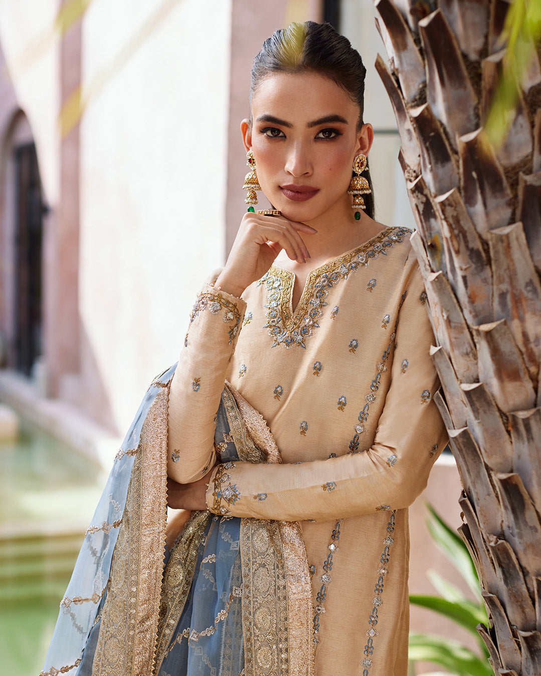 Model Wearing Faiza Saqlain Yelena Fawn Shirt with Culottes for wedding wear - Pakistani Designer Wear for Women in UK | Kifat