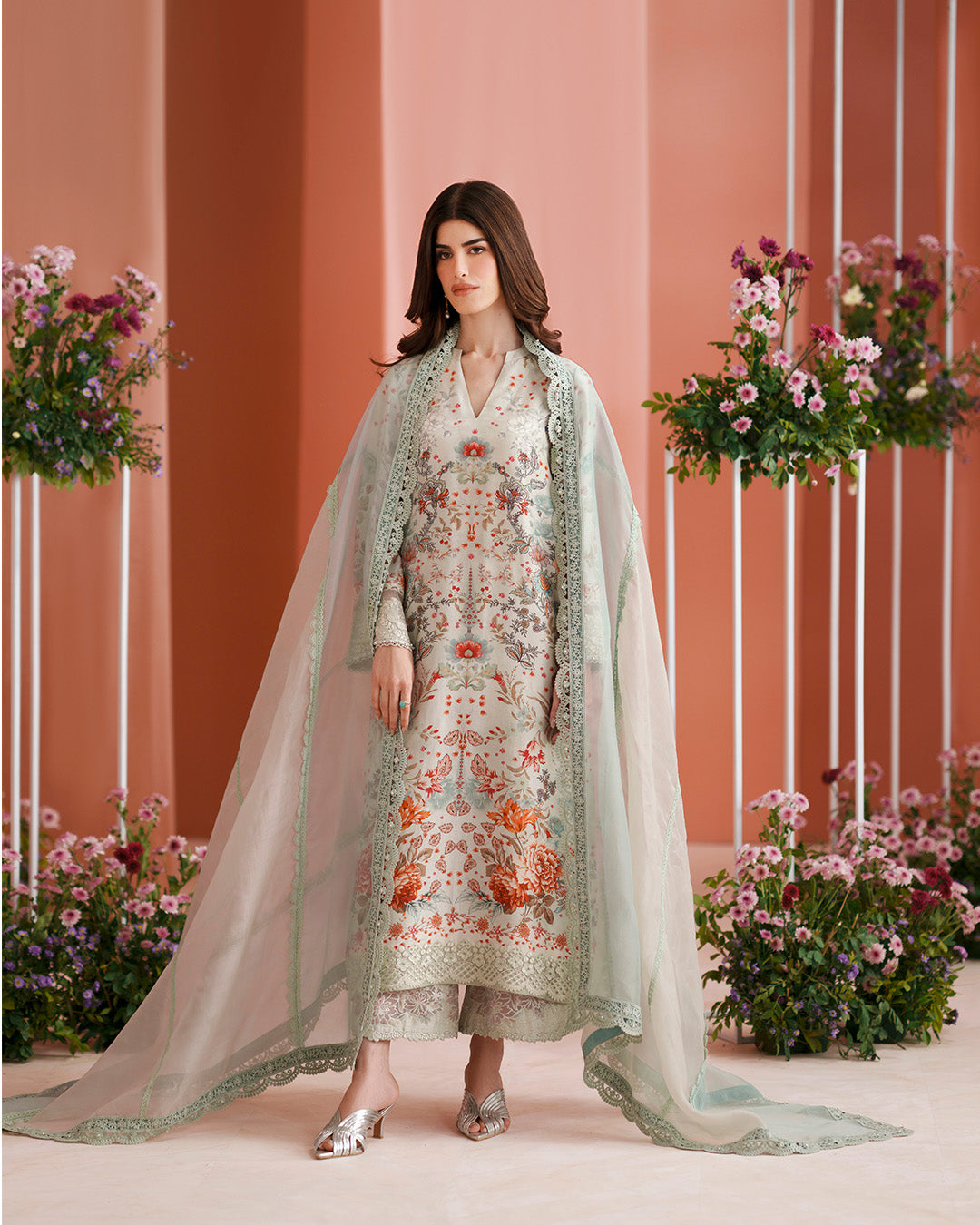 Women Wearing Tayma Ice Blue Shirt with Pants for Luxury Events - Pakistani Designer Wear for Women in UK | Kifat
