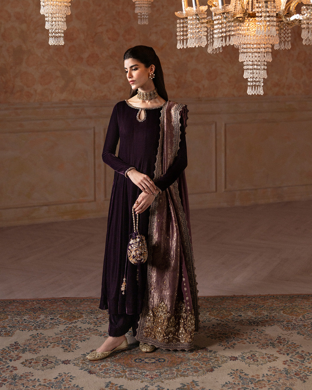 Model Wearing Faiza Saqlain Erna Aubergine Shirt with Culottes for formal events wear - Pakistani Designer Wear for Women in UK | Kifat