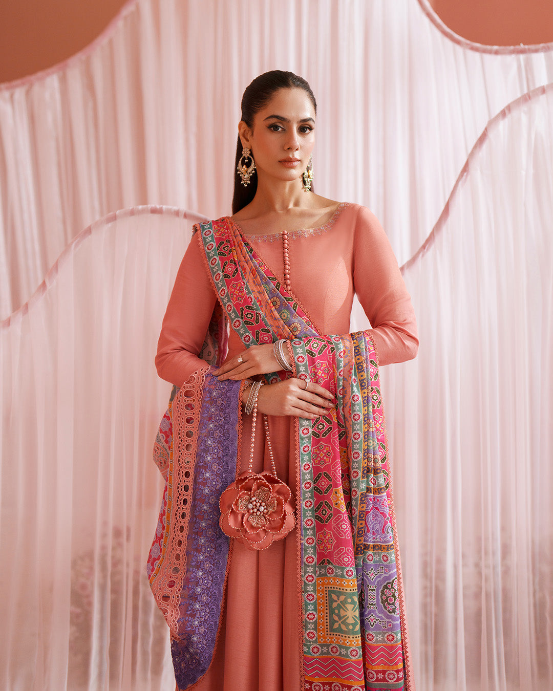 Women Wearing Muzn Coral Pishwas for Luxury Events - Pakistani Designer Wear for Women in UK | Kifat