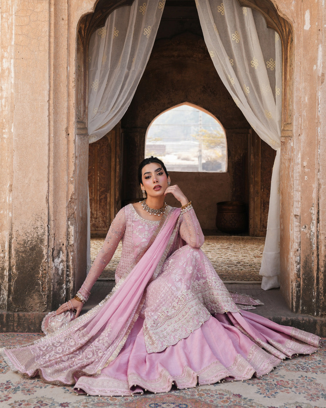 Model Wearing Faiza Saqlain Vemita Candy Floss Shirt with Sharara for wedding wear - Pakistani Designer Wear for Women in UK | Kifat