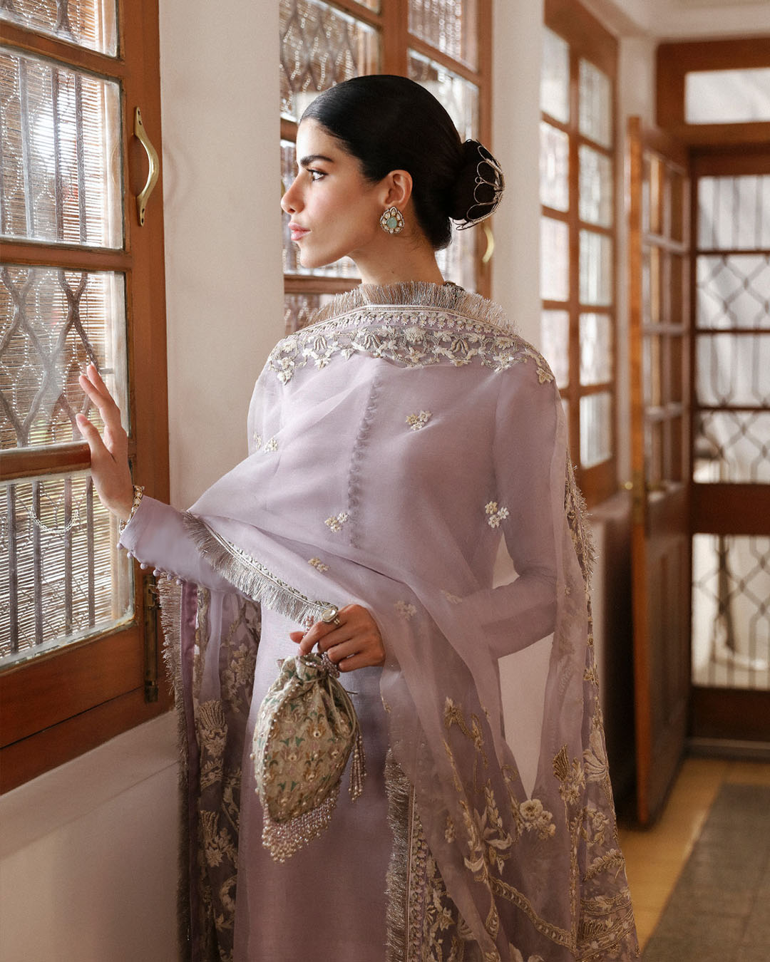 Model Wearing Faiza Saqlain Aurene Lilac Shirt with Flated Pants for formal events wear - Pakistani Designer Wear for Women in UK | Kifat