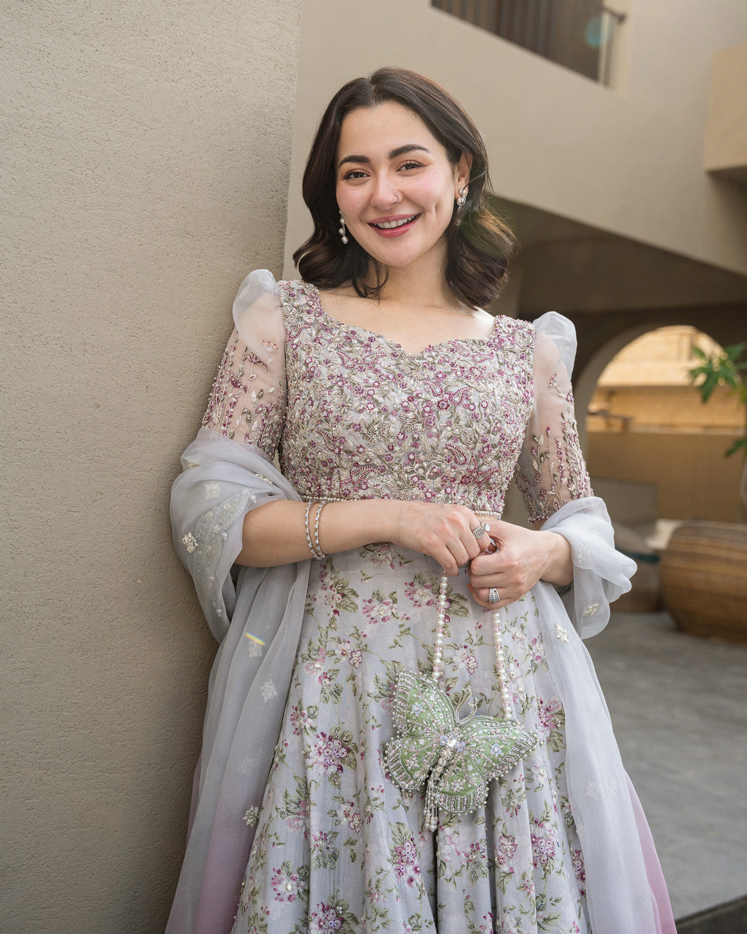 Model Wearing Faiza Saqlain Chanaah Light Grey Lehnga Choli for wedding wear - Pakistani Designer Wear for Women in UK | Kifat