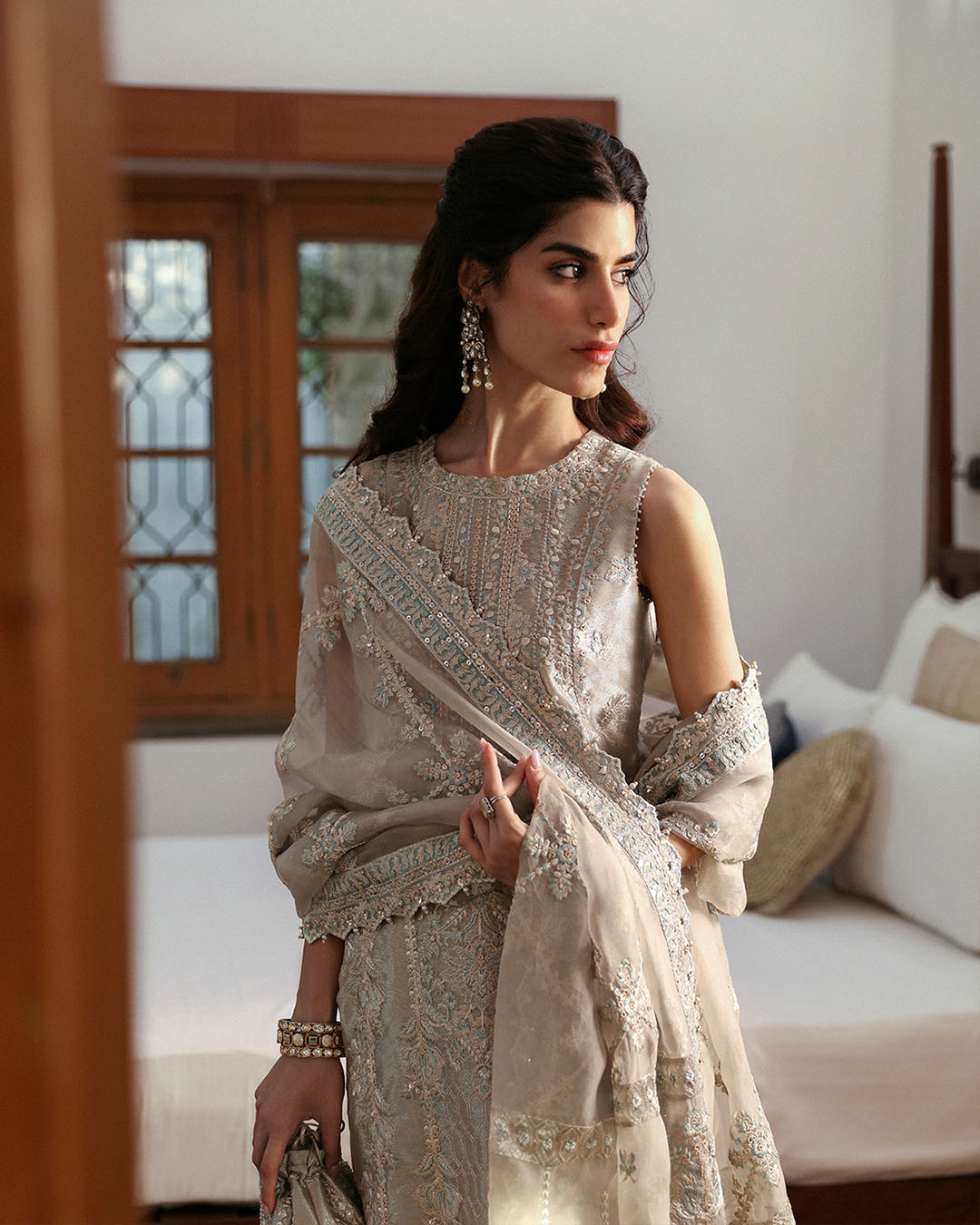 Model Wearing Faiza Saqlain Damaris Light Stone Gray Shirt with Trouser for formal events wear - Pakistani Designer Wear for Women in UK | Kifat