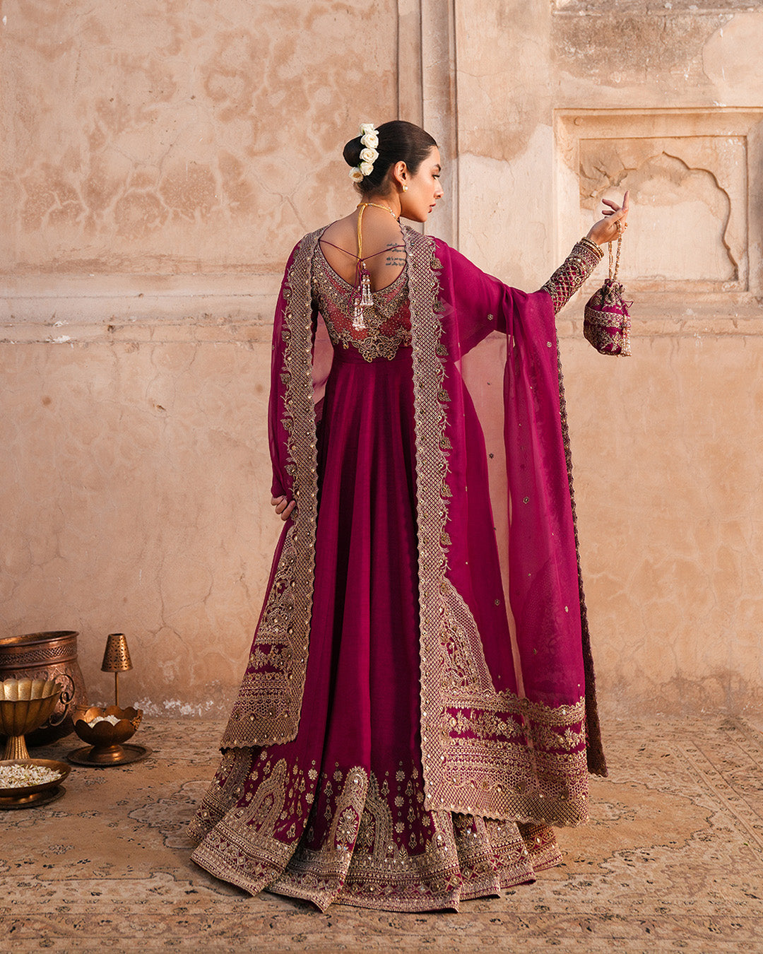 Model Wearing Faiza Saqlain Cassia Vivid Burgundy Pishwas with Churidar for wedding wear - Pakistani Designer Wear for Women in UK | Kifat