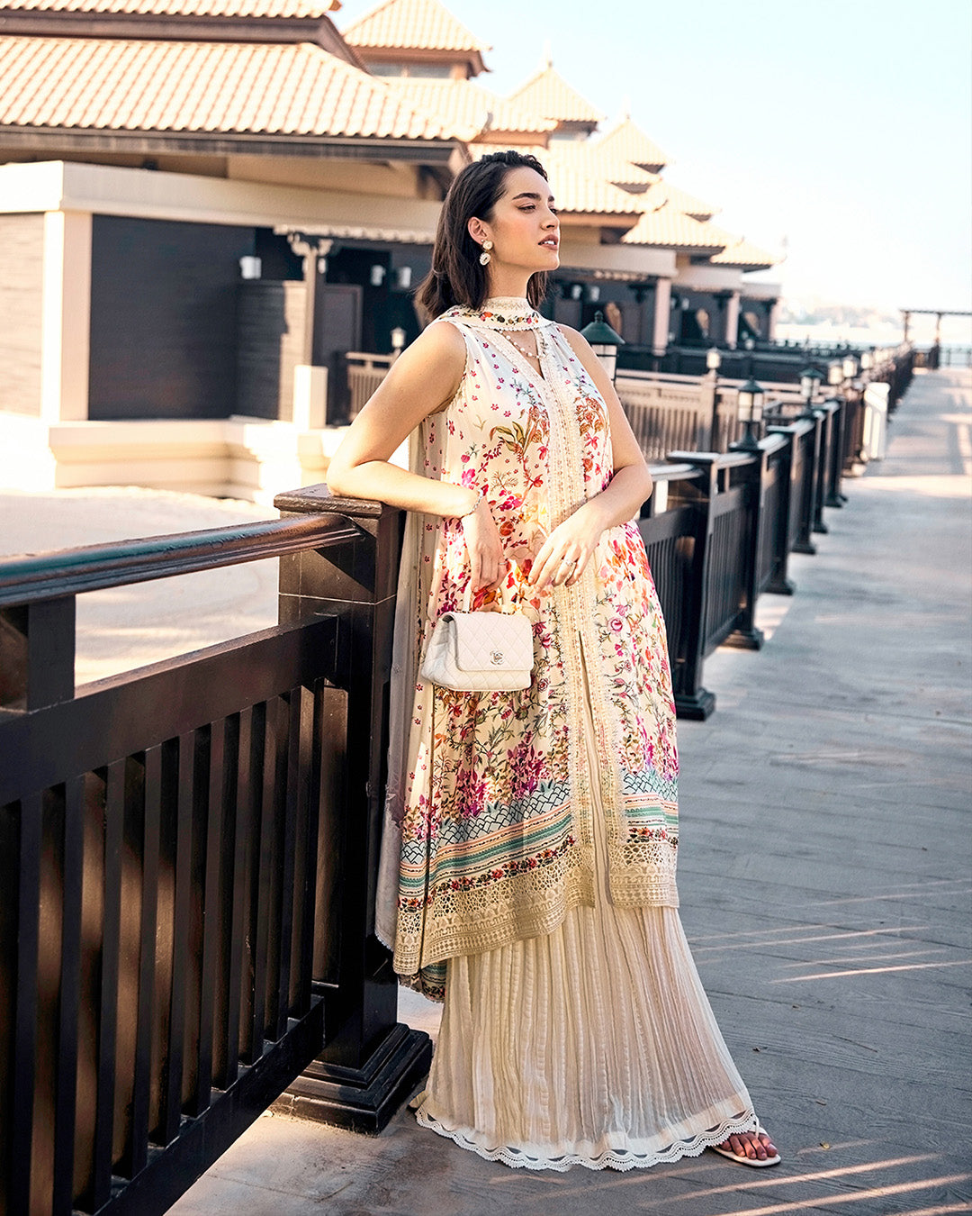 Model Wearing Faiza Saqlain Beldene Off-White Shirt with Sharara for Ladies wear - Pakistani Designer Wear for Women in UK | Kifat