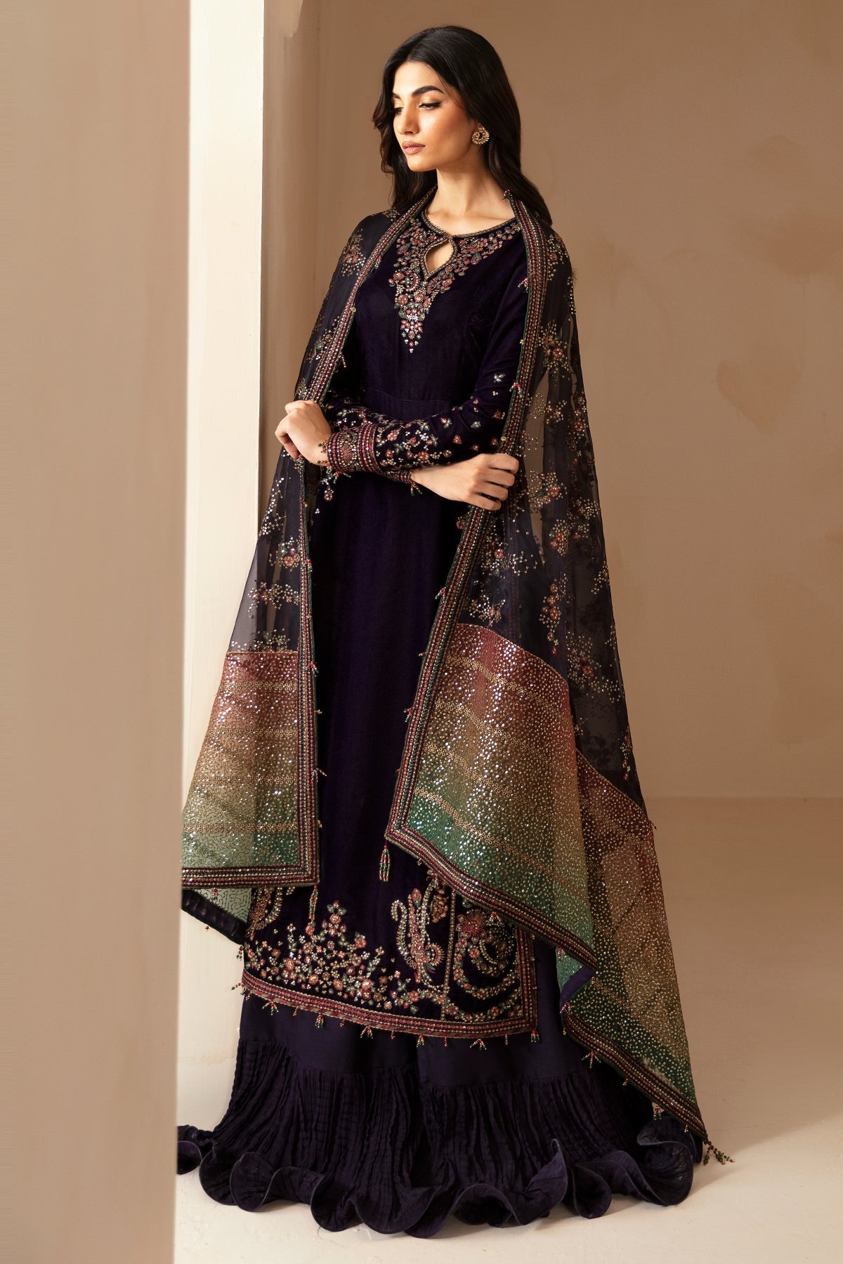 Women Wearing Embroidered Velvet Formal VF-2027 Purple Long Shirt with Sharara for Wedding Events - Pakistani Designer Wear for Women in UK | Kifat