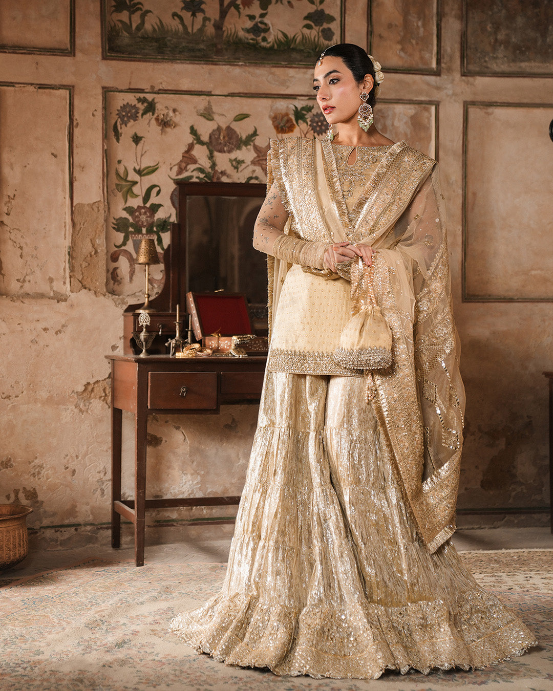 Model Wearing Faiza Saqlain Camillie Gold Shirt with Gharara for wedding wear - Pakistani Designer Wear for Women in UK | Kifat