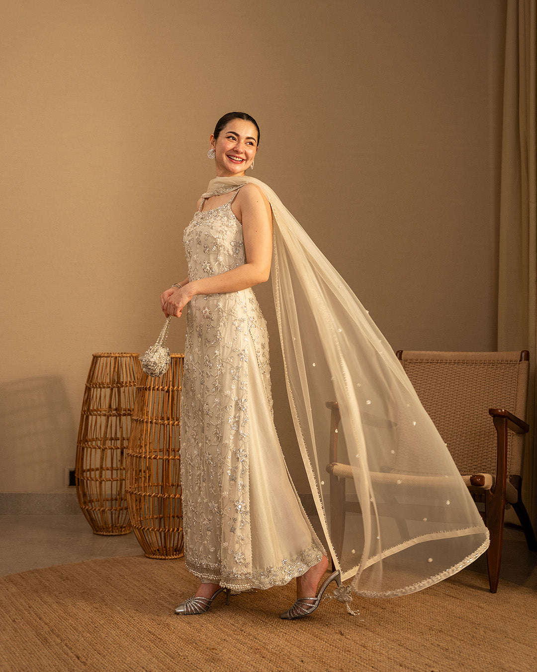 Model wearing Faiza Saqlain Penina Off-White Shirt with Culottes for Ladies wear - Pakistani Designer Wear for Women in UK | Kifat