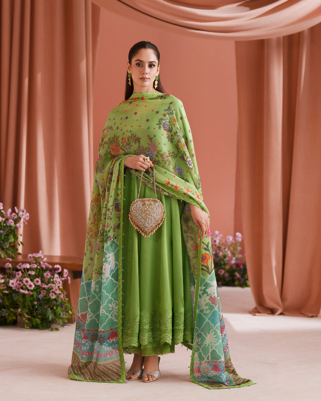 Women Wearing Gomana Pear Green Shirt with Culottes for Luxury Events - Pakistani Designer Wear for Women in UK | Kifat