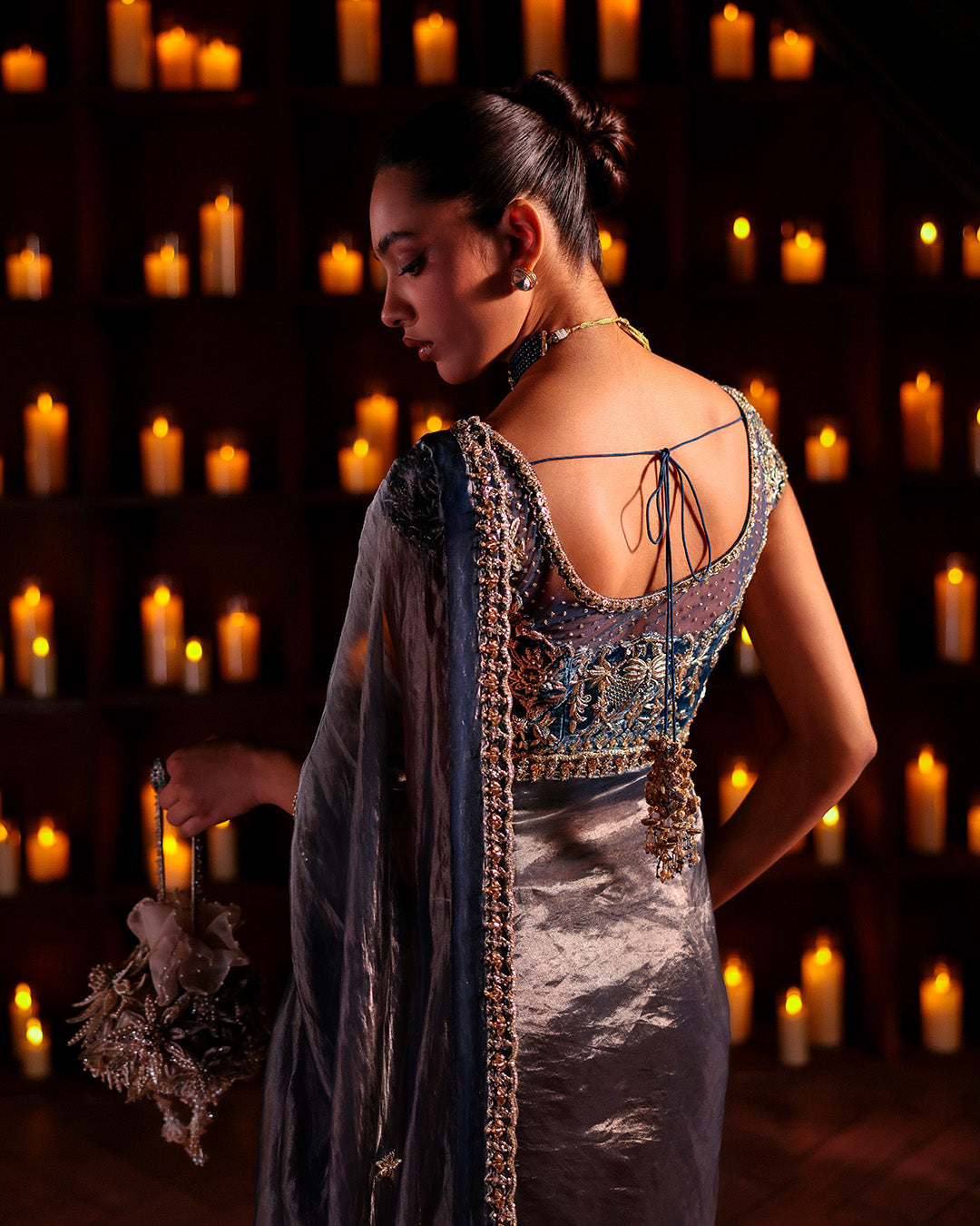 Model Wearing Faiza Saqlain Lenita steel blue hue Saree for wedding wear - Pakistani Designer Wear for Women in UK | Kifat