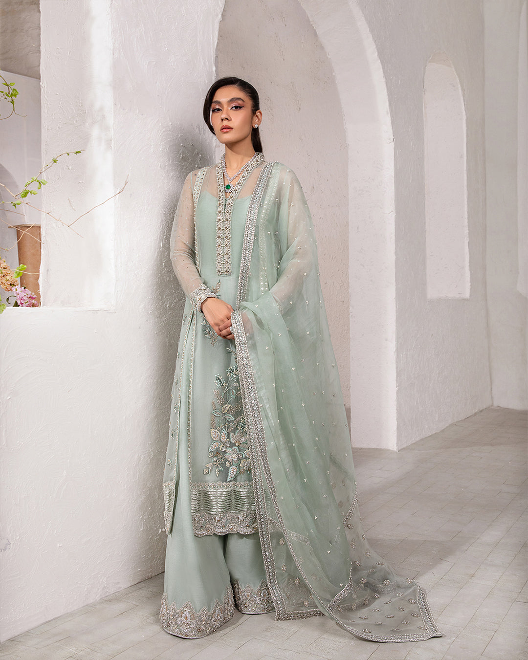 Model Wearing Faiza Saqlain Marvela Ice Blue Shirt with Flared Pants for formal events wear - Pakistani Designer Wear for Women in UK | Kifat