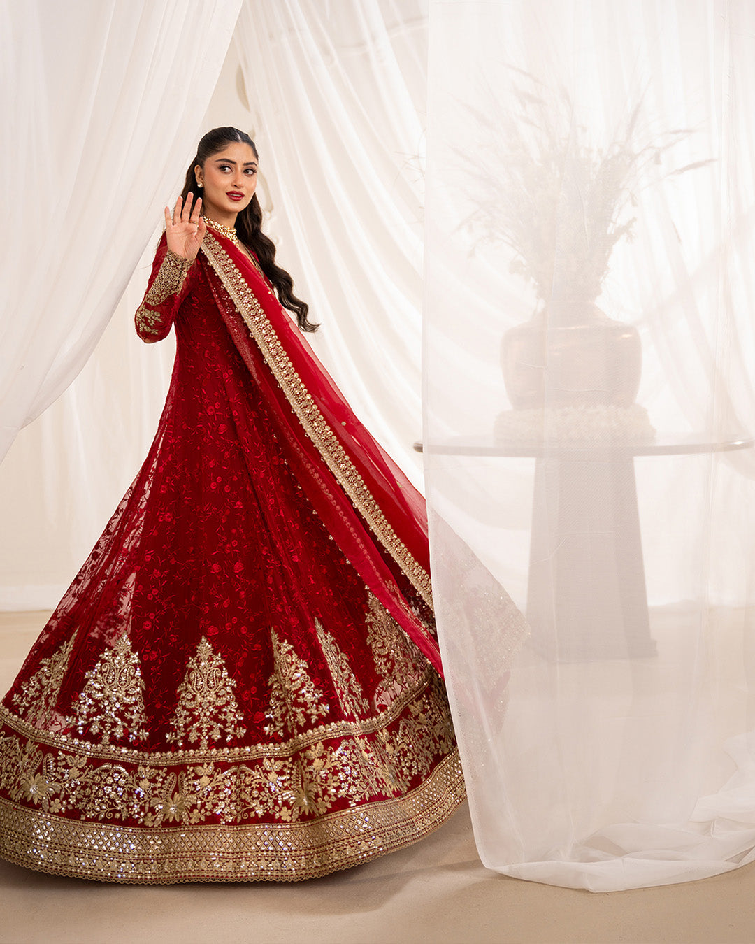 Model Wearing Faiza Saqlain Gul Scarlet Shirt with Churidar for wedding wear - Pakistani Designer Wear for Women in UK | Kifat