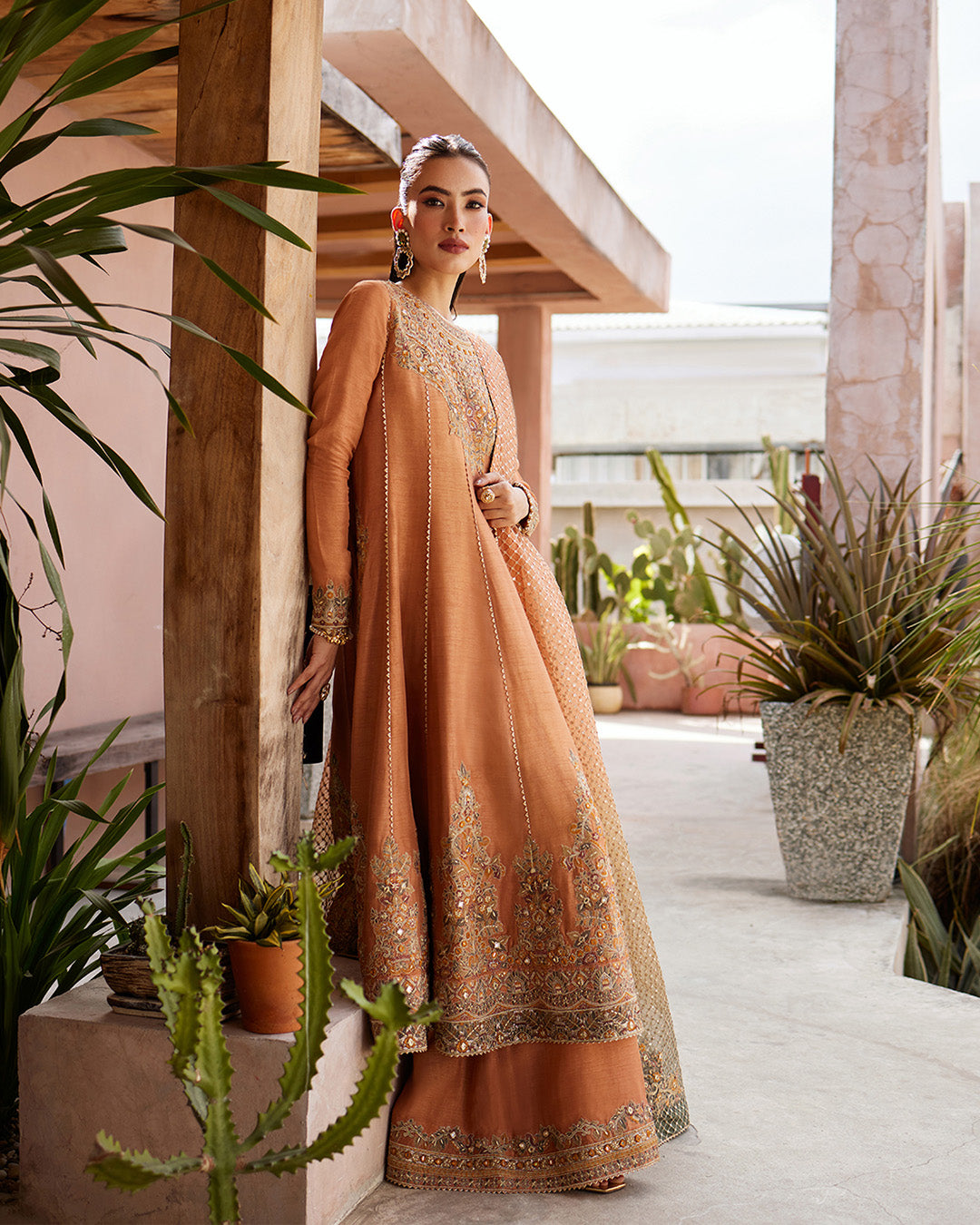 Model Wearing Faiza Saqlain Dalisay Rust Shirt with Gharara for wedding wear - Pakistani Designer Wear for Women in UK | Kifat