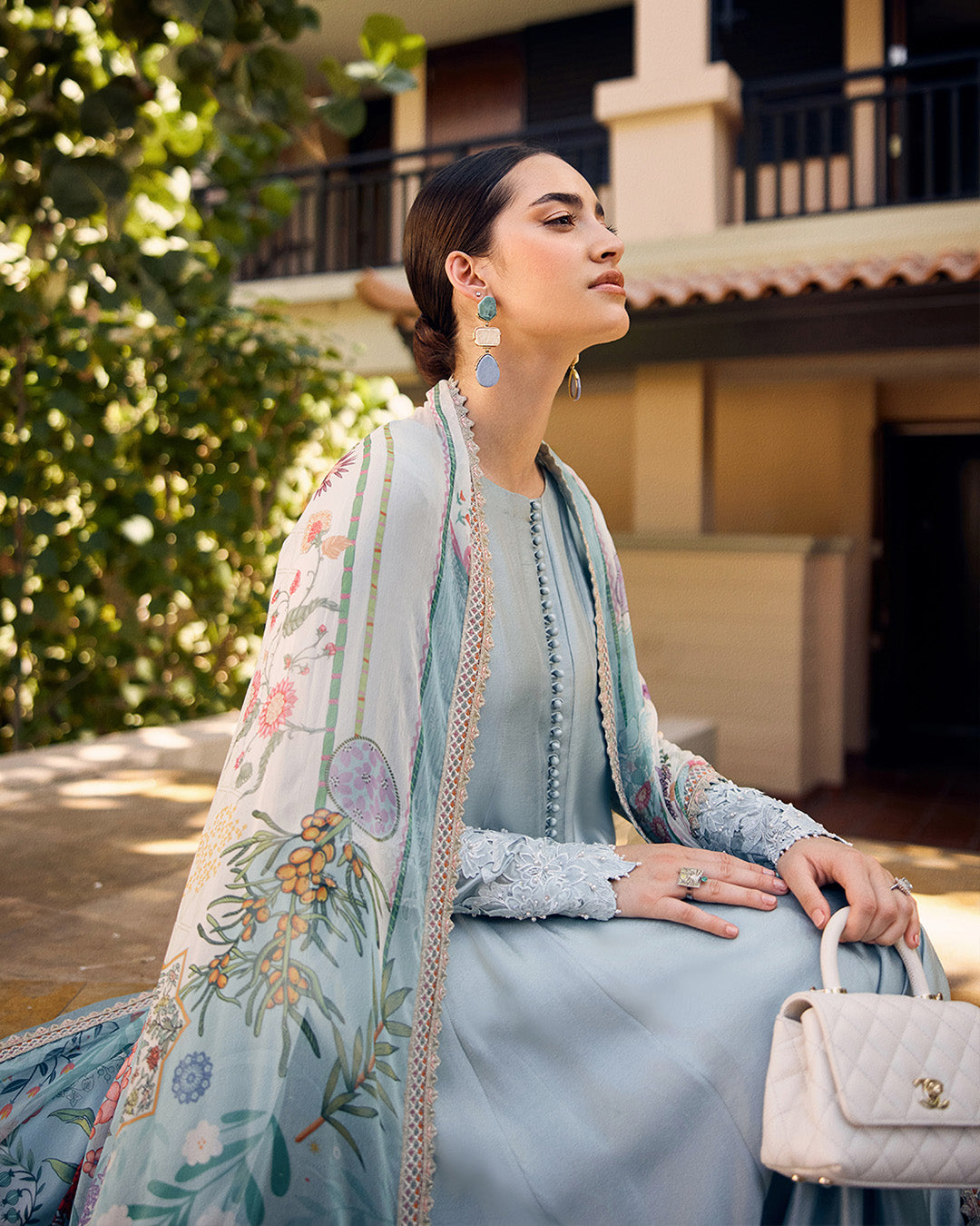 Model Wearing Faiza Saqlain Leia Pastel Blue Kalidaar with Culottes for Ladies wear - Pakistani Designer Wear for Women in UK | Kifat