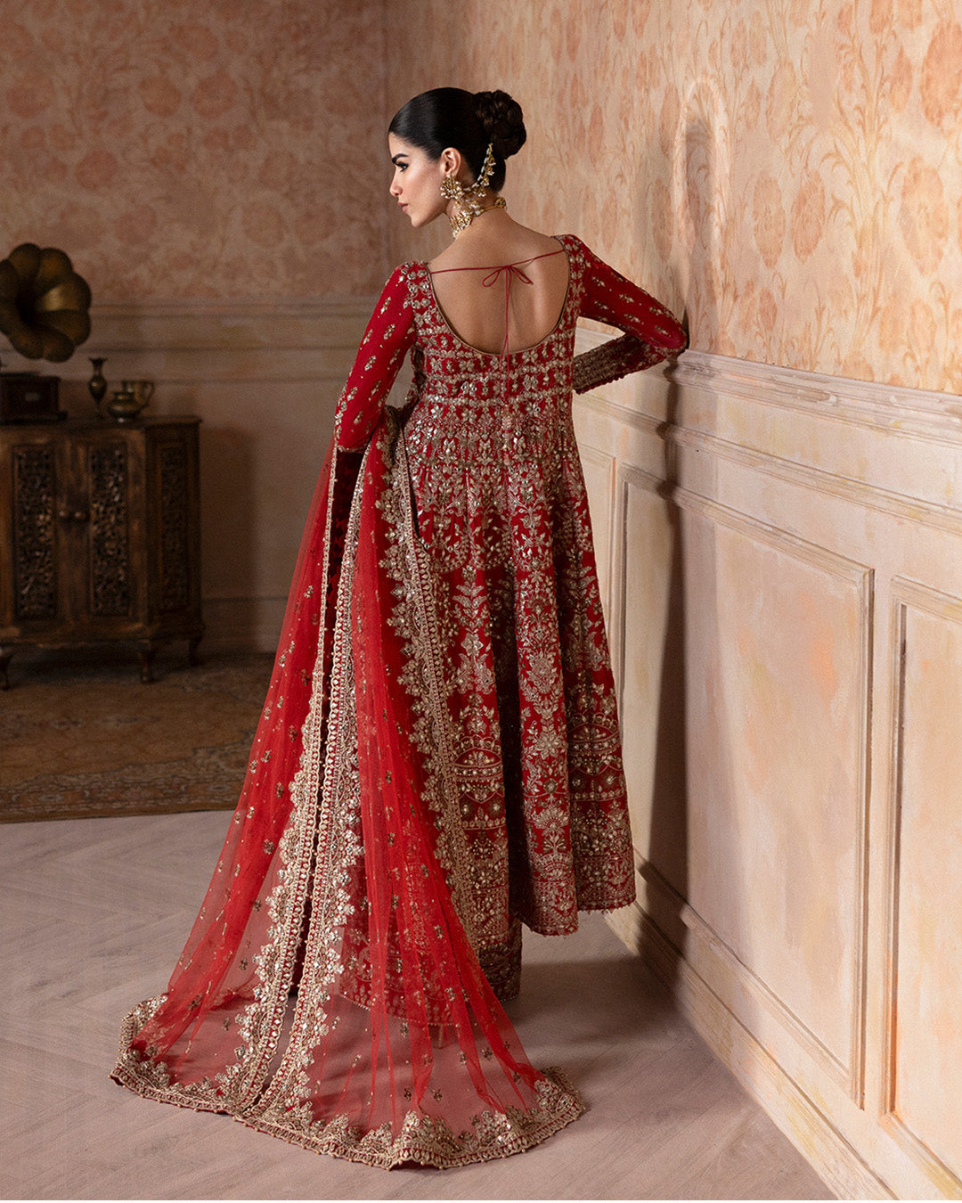 Model Wearing Faiza Saqlain Savina Coral Red Shirt with Culottes for wedding wear - Pakistani Designer Wear for Women in UK | Kifat