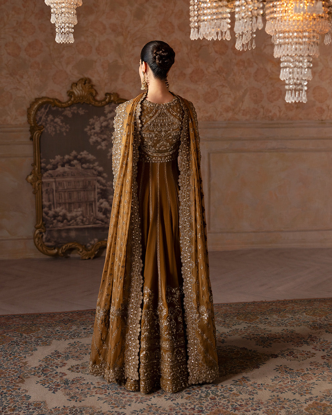 Model Wearing Faiza Saqlain Ermina Mustard Pishwas with Churidaar for wedding wear - Pakistani Designer Wear for Women in UK | Kifat