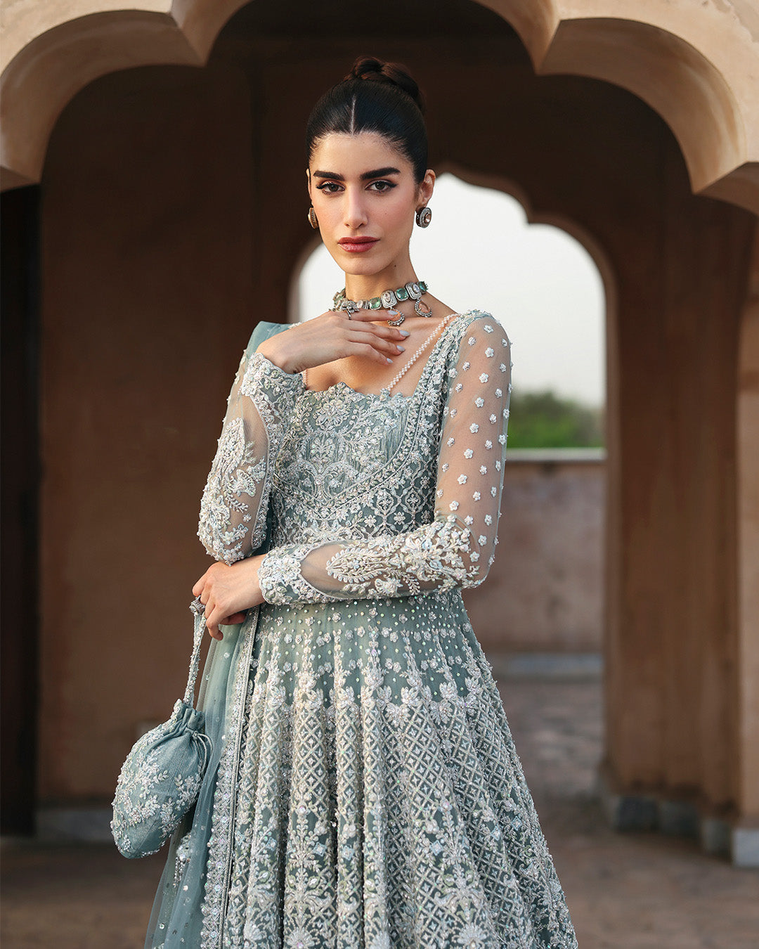 Model Wearing Faiza Saqlain Dorien Mint Blue Pishwas with Lehnga for wedding wear - Pakistani Designer Wear for Women in UK | Kifat