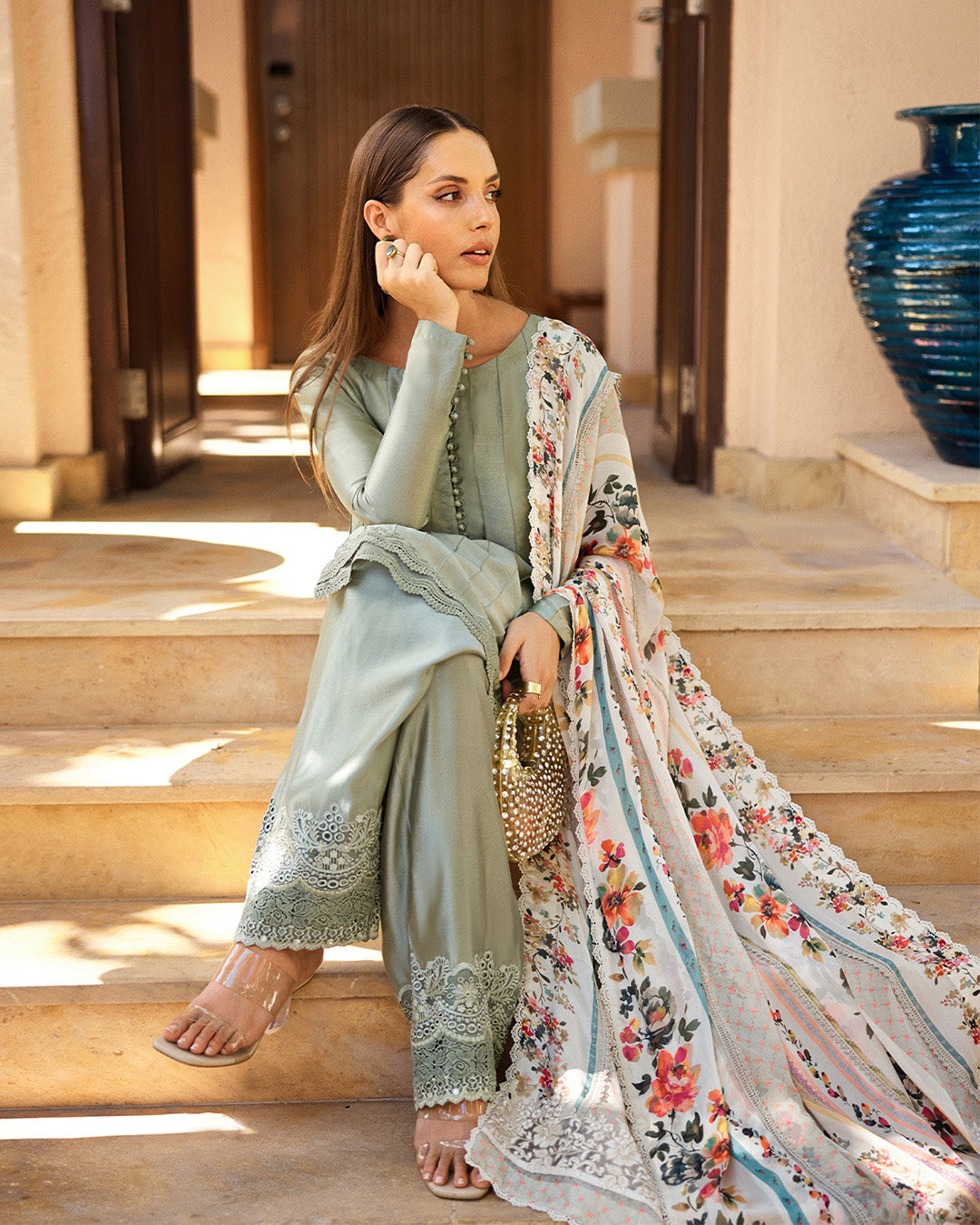 Model Wearing Faiza Saqlain Leia Pastel Blue Kalidaar with Culottes for Ladies wear - Pakistani Designer Wear for Women in UK | Kifat
