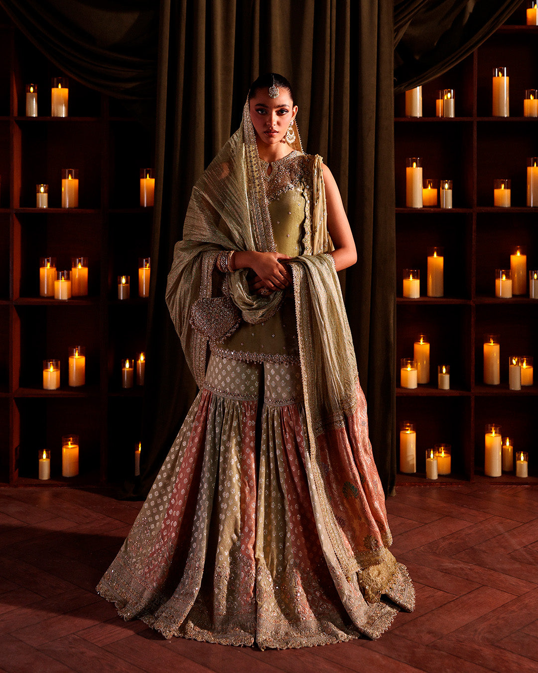Model Wearing Faiza Saqlain Zerra Muted Olive Green Shirt with Gharara for wedding wear - Pakistani Designer Wear for Women in UK | Kifat