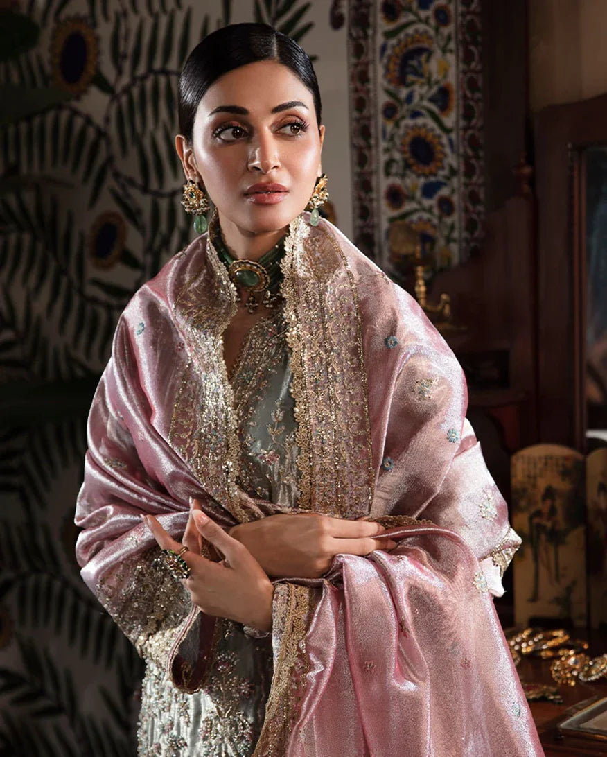 Women Wearing Amaya Aqua Silver Long Shirt for Formal Events - Pakistani Designer Wear for Women in UK | Kifat