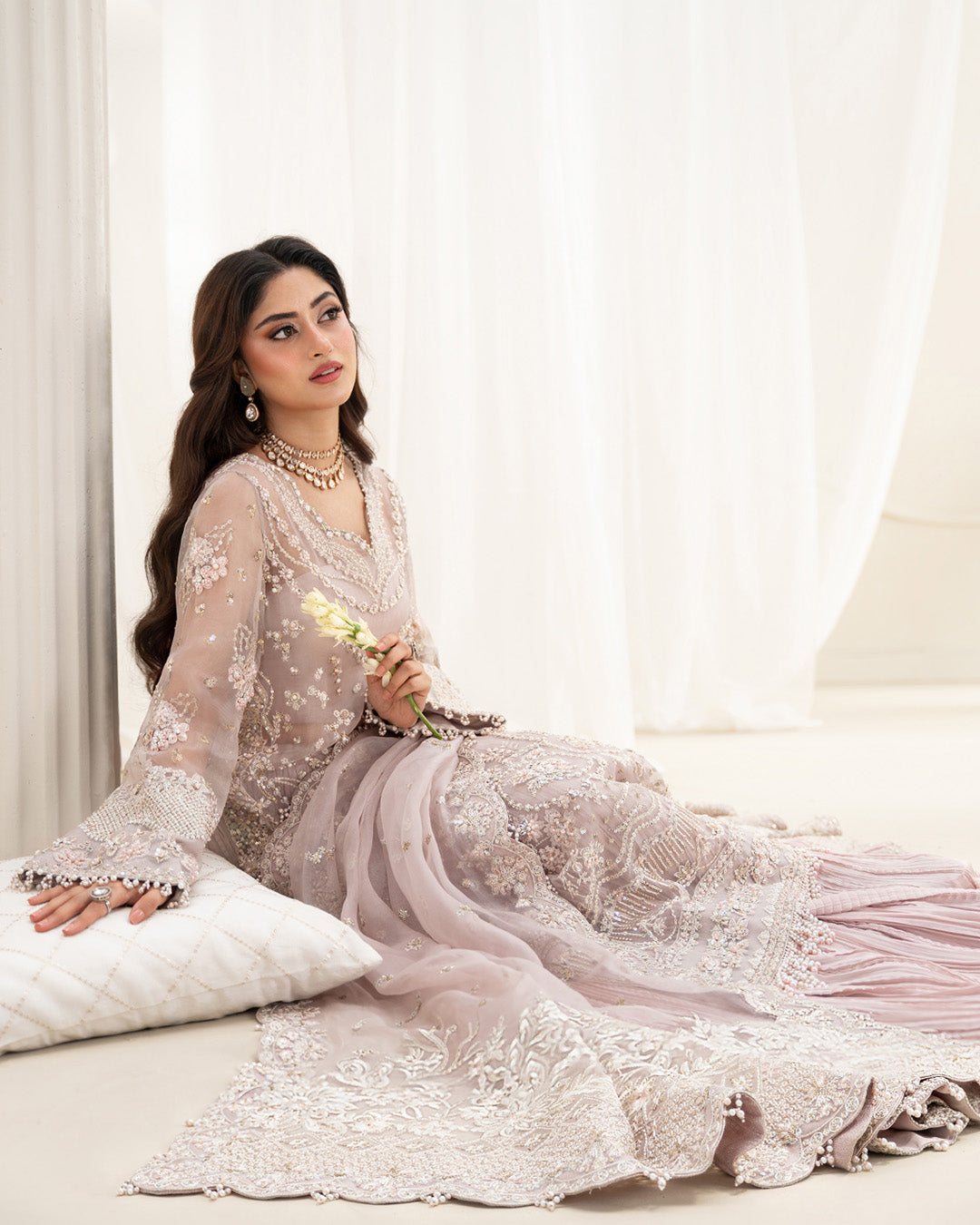 Model Wearing Faiza Saqlain Ela Dusty Rose Shirt with Trouser for formal events wear - Pakistani Designer Wear for Women in UK | Kifat