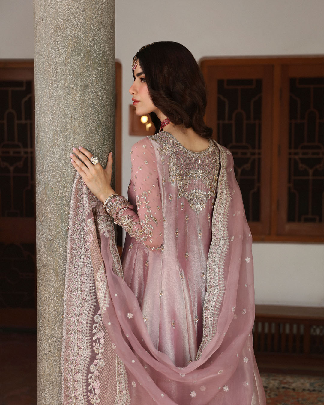 Model Wearing Faiza Saqlain Halina Seashell Pink Pishwas with Churidaar for wedding wear - Pakistani Designer Wear for Women in UK | Kifat