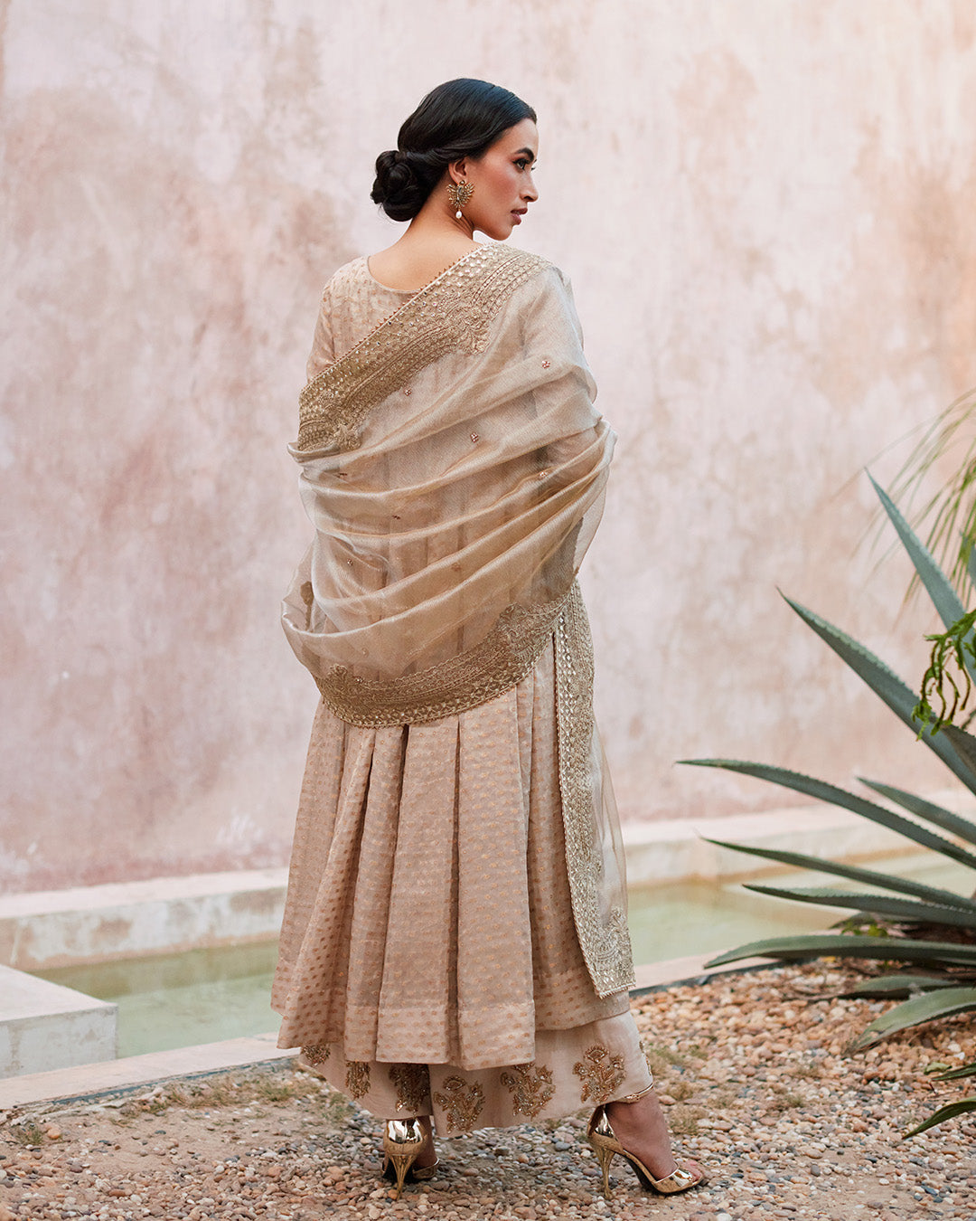 Model Wearing Faiza Saqlain Moira Ivory Gold Shirt with Culottes for wedding wear - Pakistani Designer Wear for Women in UK | Kifat