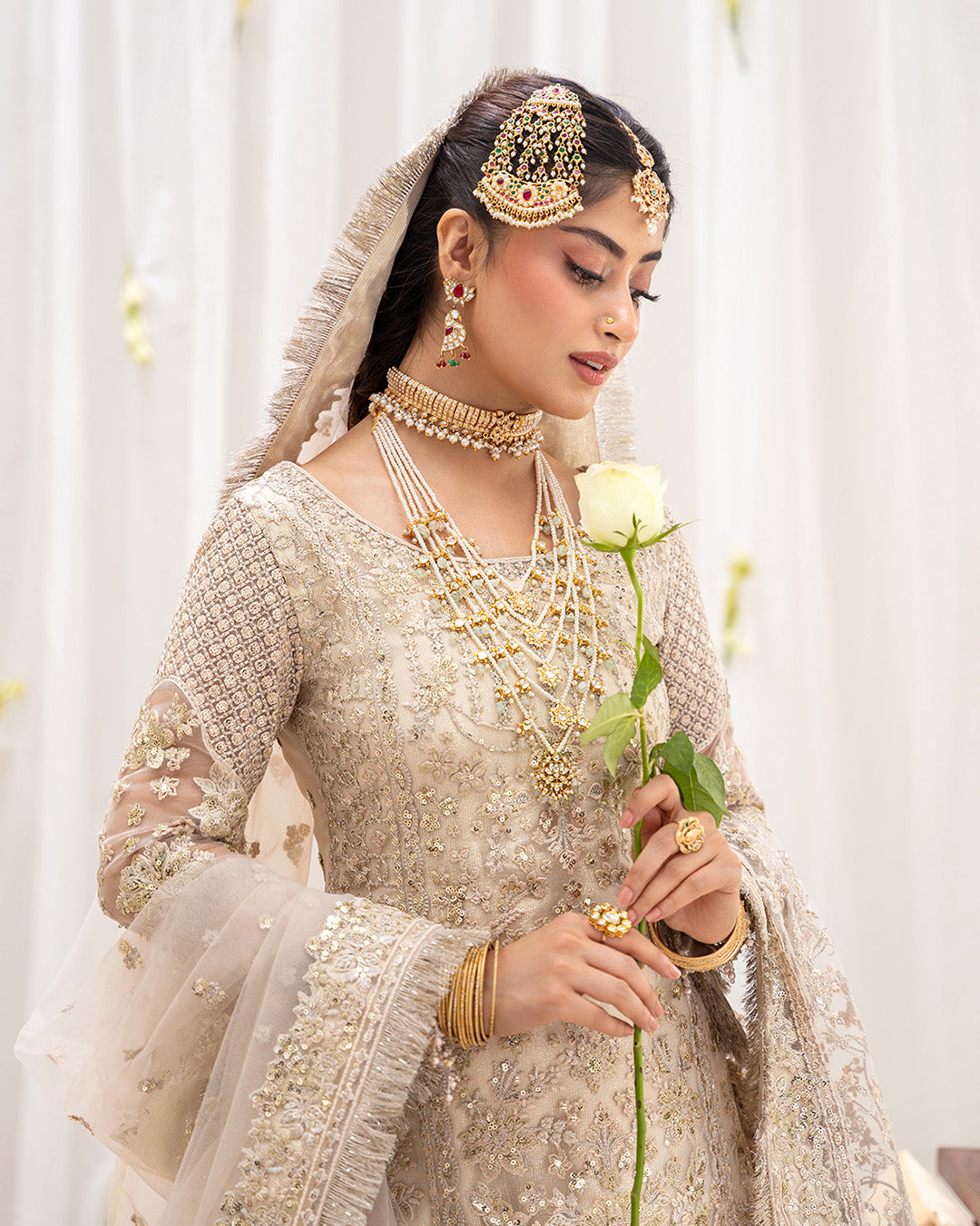 Model Wearing Faiza Saqlain Safak Ivory Shirt with Gharara for wedding wear - Pakistani Designer Wear for Women in UK | Kifat