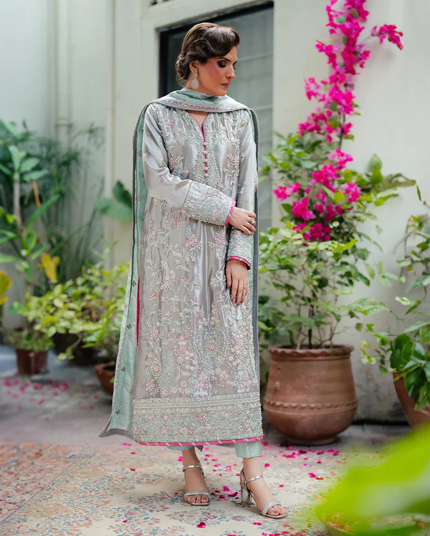 Women Wearing Resham Silver Long Shirt for Formal Events - Pakistani Designer Wear for Women in UK | Kifat